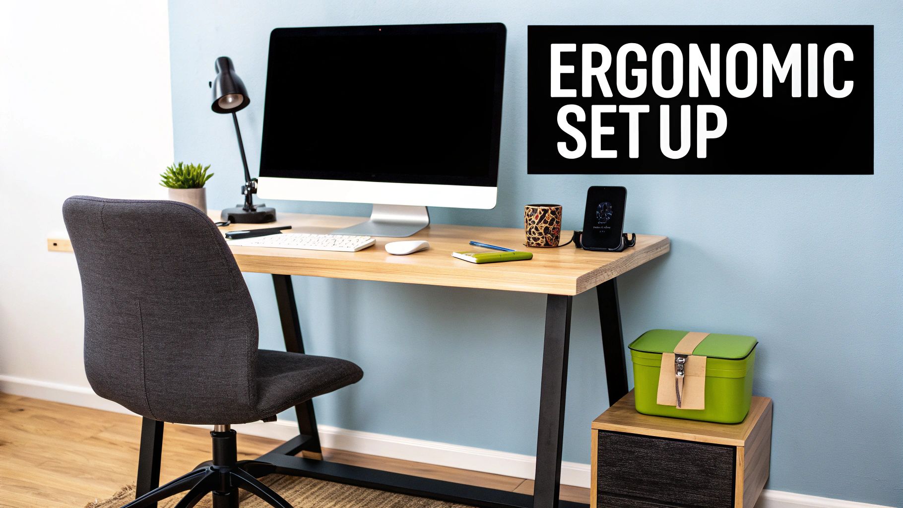 A well-organized ergonomic desk setup with a computer, chair, and accessories against a light blue wall, promoting good posture.