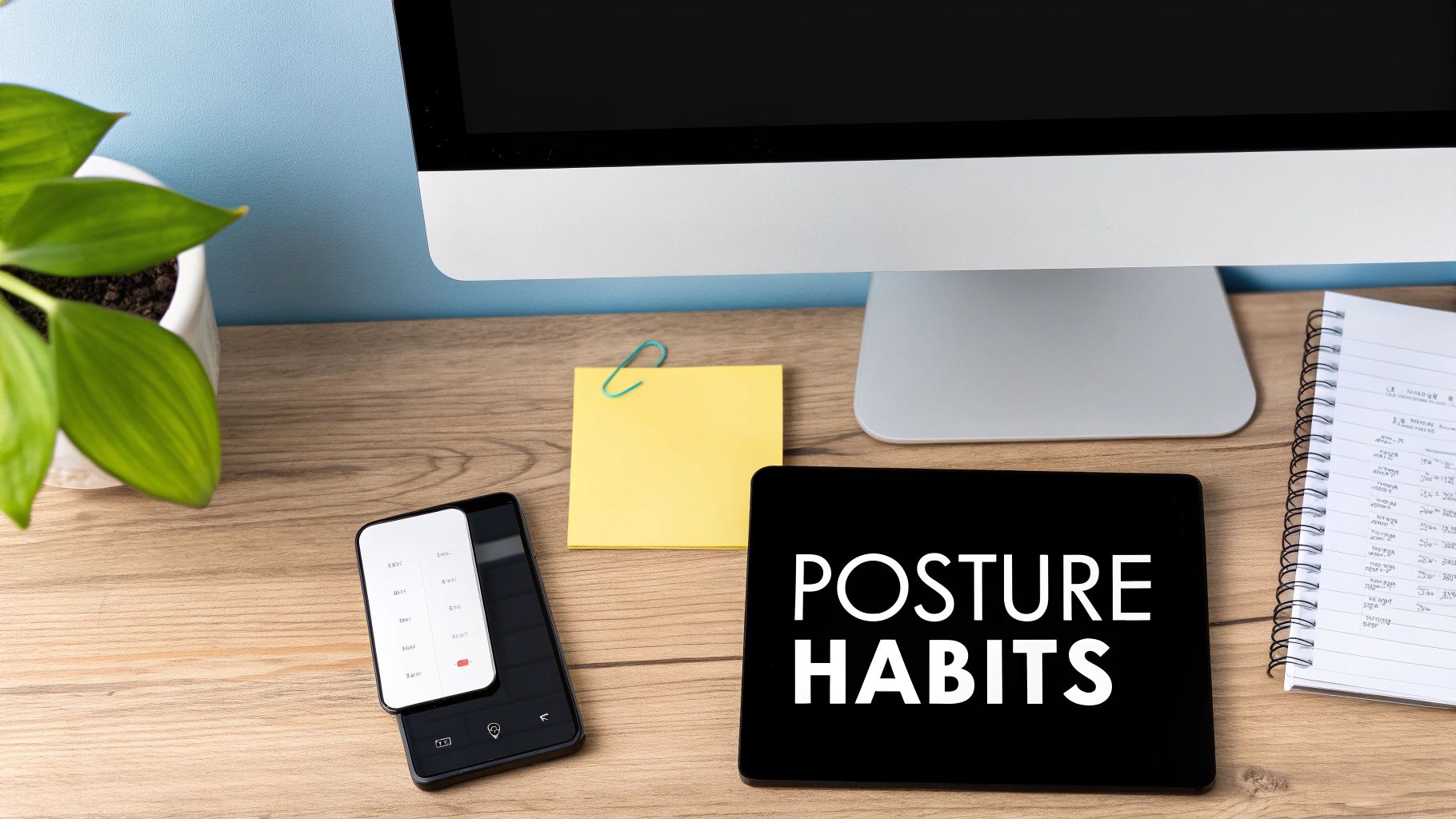 A home office desk with a computer, plant, phone, and tablet showing 'POSTURE HABITS' for better health.