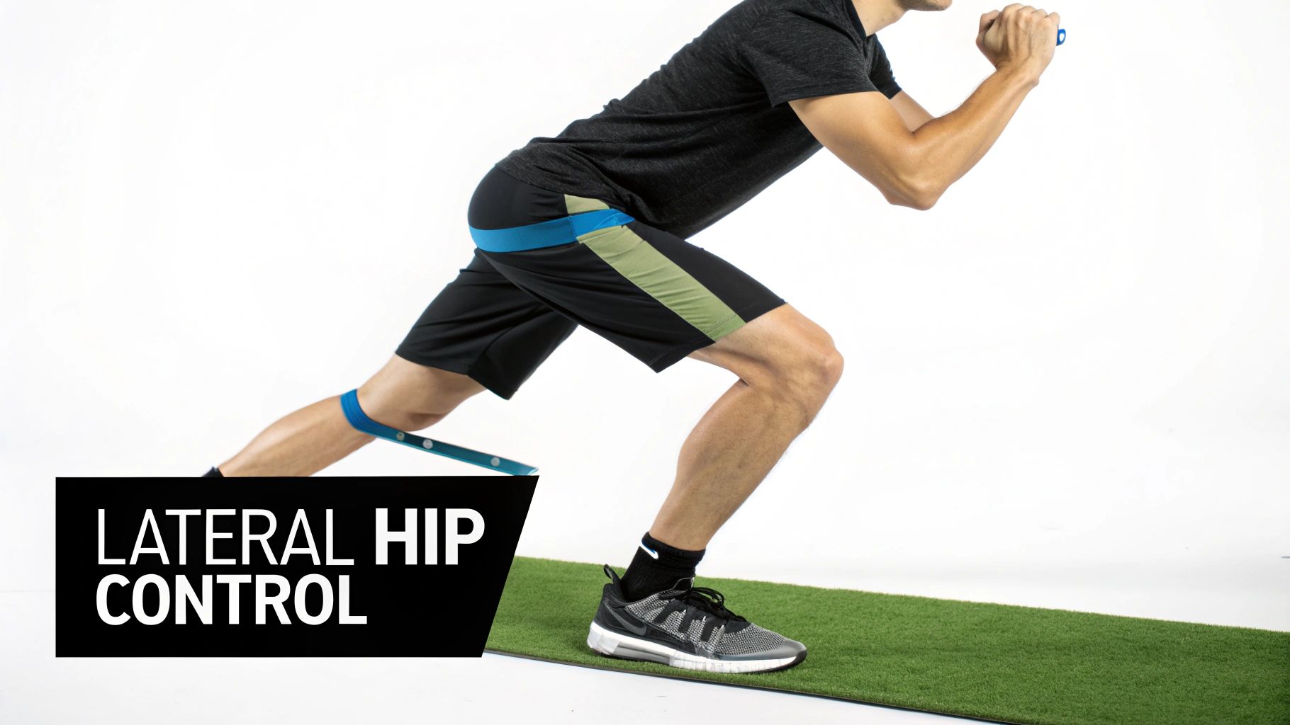 An athlete performs a lateral hip control exercise using resistance bands on a green turf.