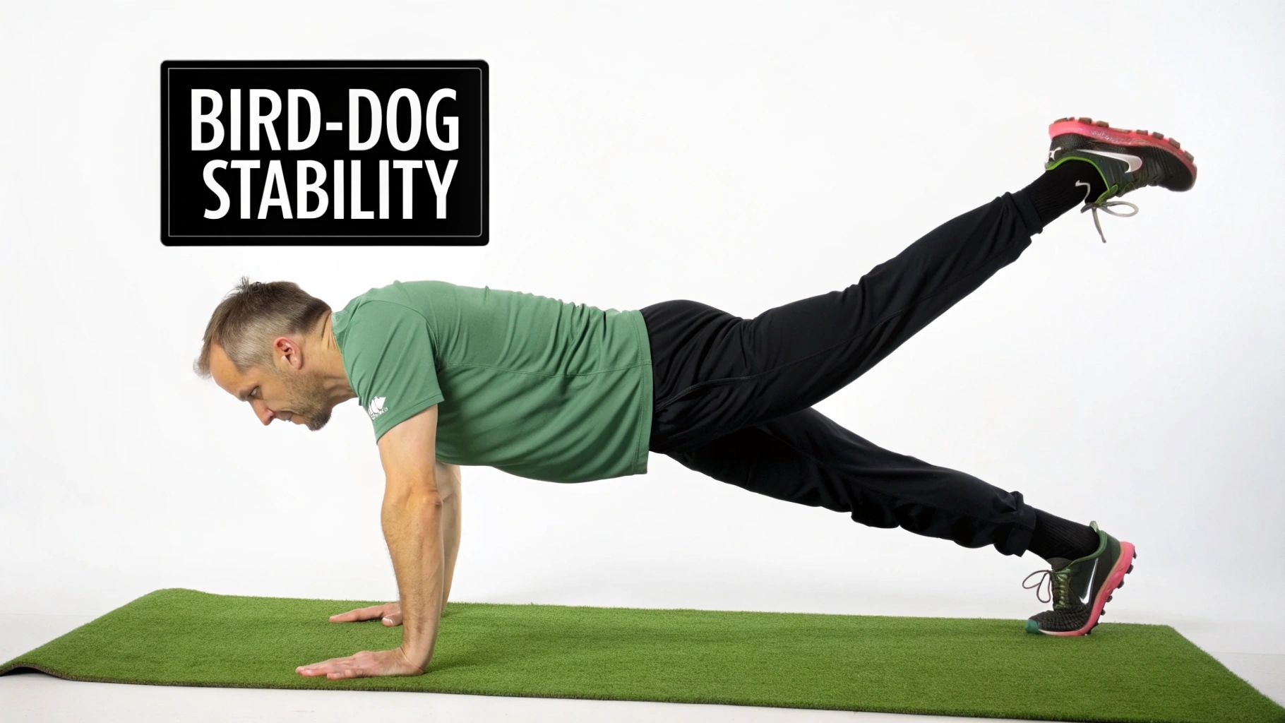 A man performs a bird-dog plank exercise with one leg extended on a green mat.