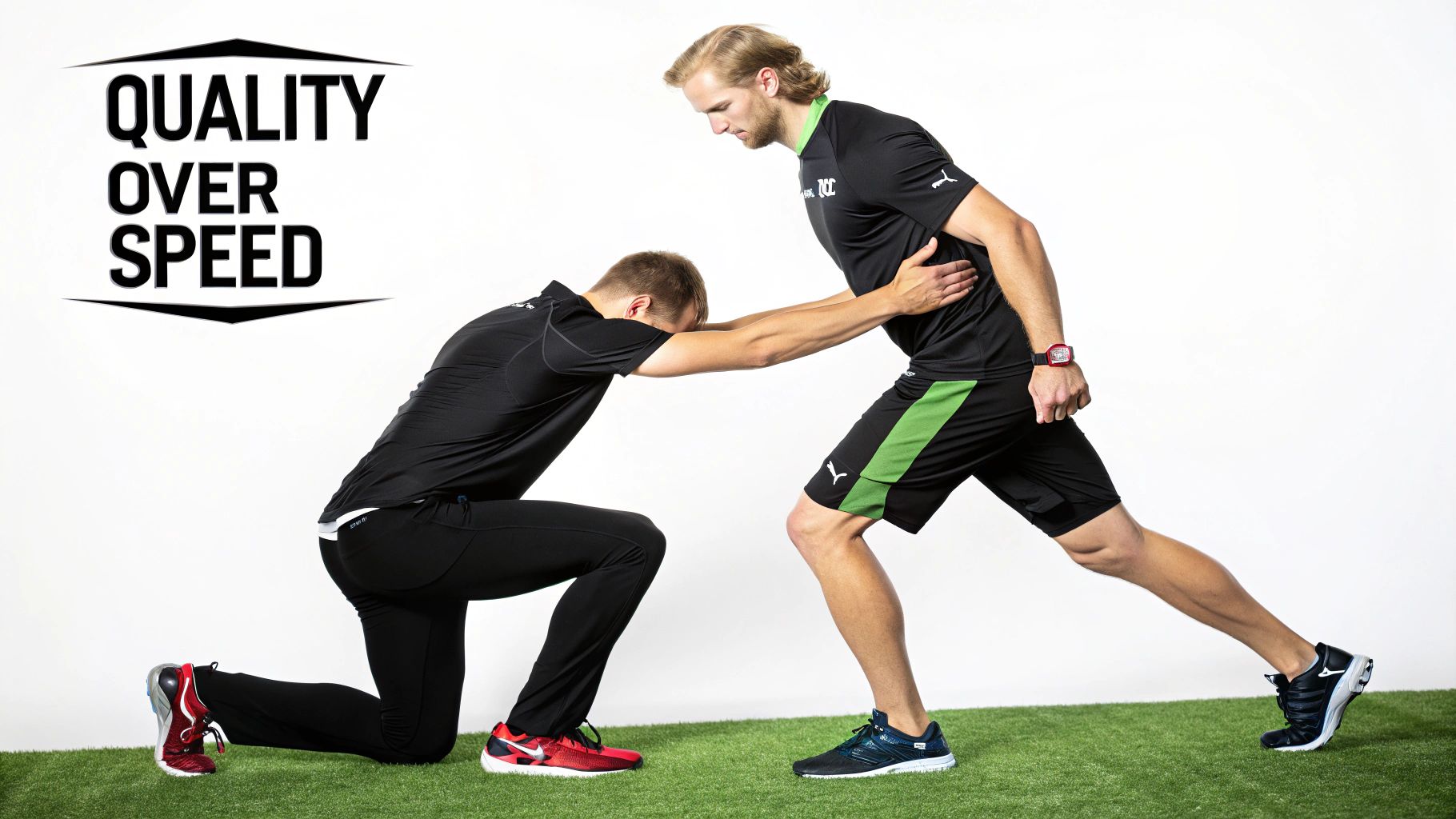 Two men on green turf performing an assisted dynamic stretching exercise.