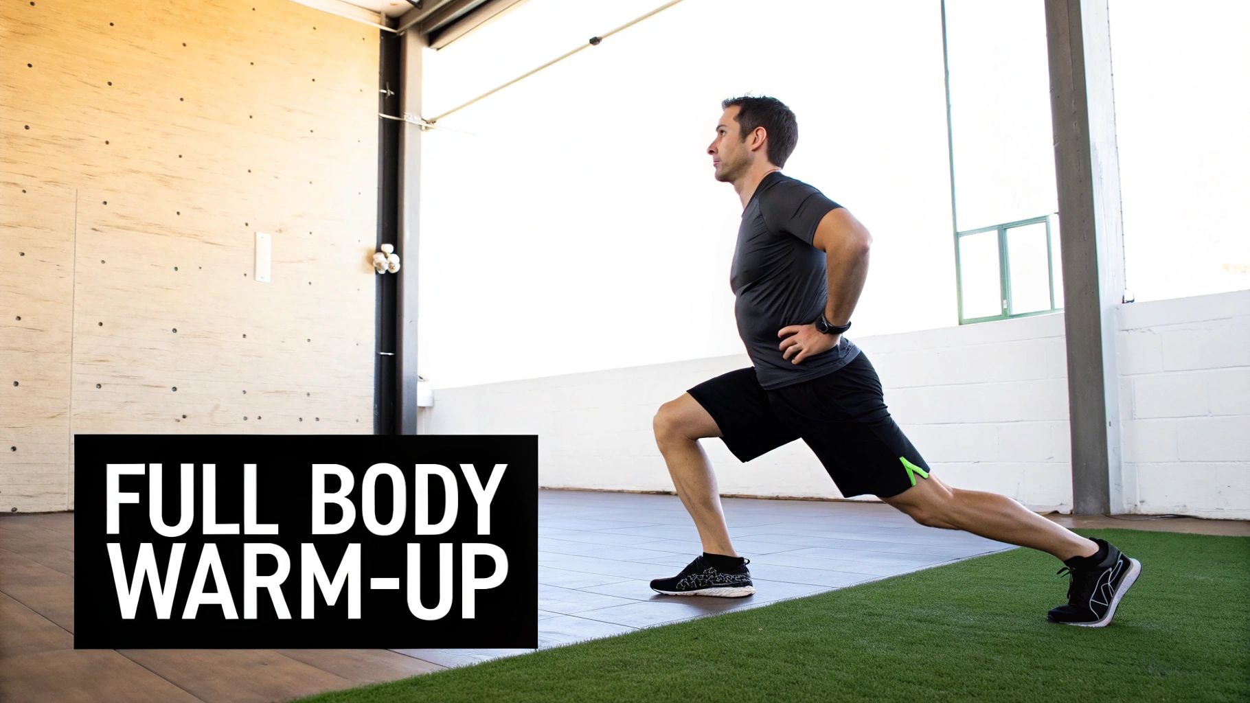 A man performs a lunge, a dynamic stretch, as part of a full-body warm-up in a modern gym.