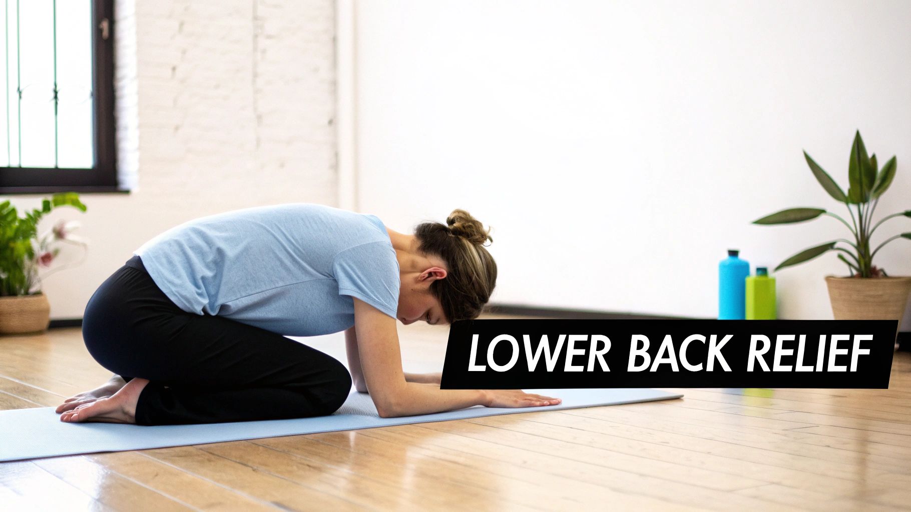 A woman practices Child's Pose on a yoga mat to stretch and relieve lower back pain.