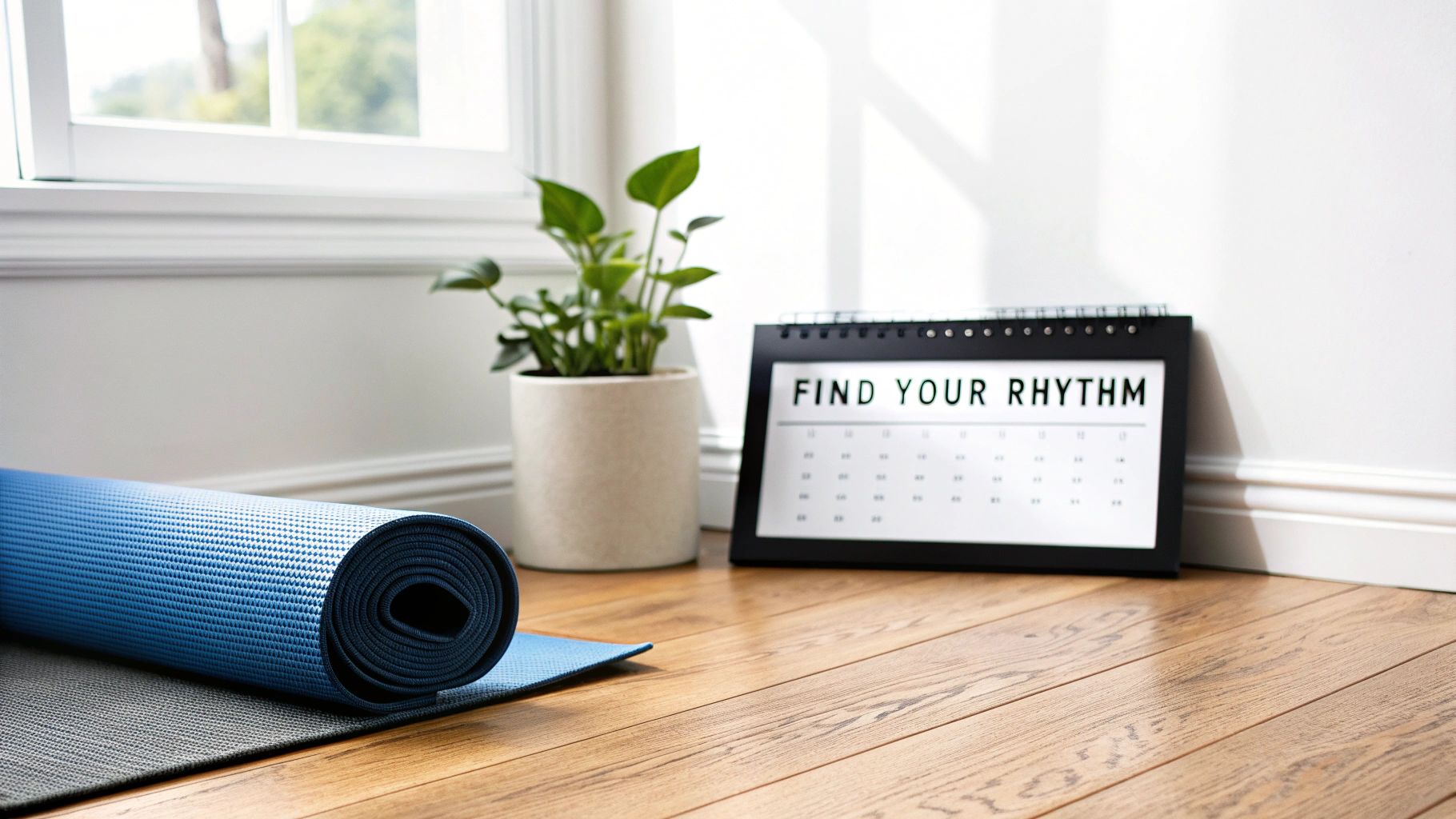A rolled blue yoga mat, potted plant, and a "FIND YOUR RHYTHM" calendar on a wooden floor.