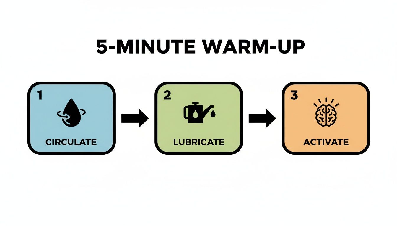 Infographic showing a 5-minute warm-up sequence with steps: Circulate, Lubricate, and Activate.