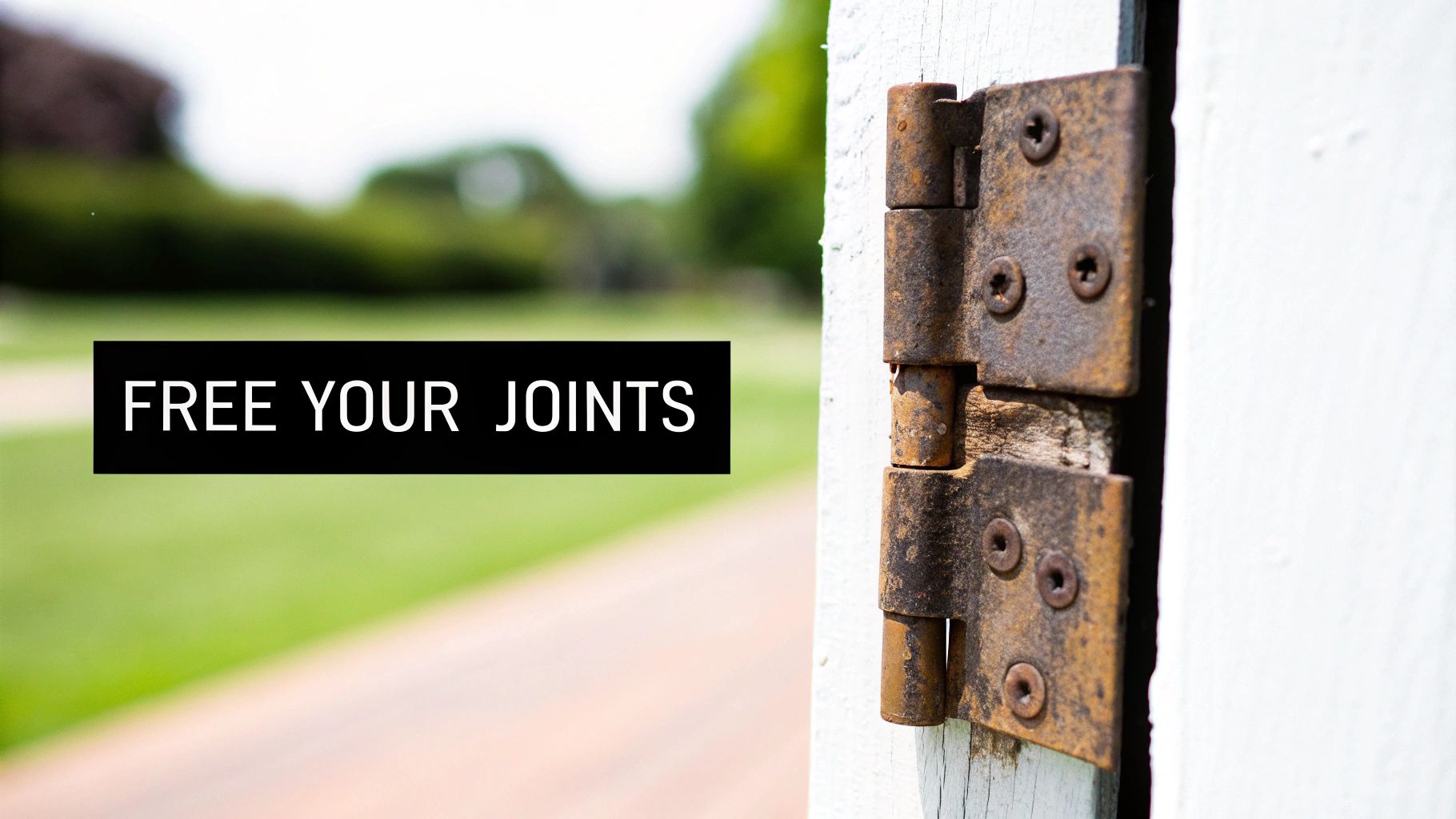 A close-up of a rusty door hinge on a white door with 'FREE YOUR JOINTS' text overlay.