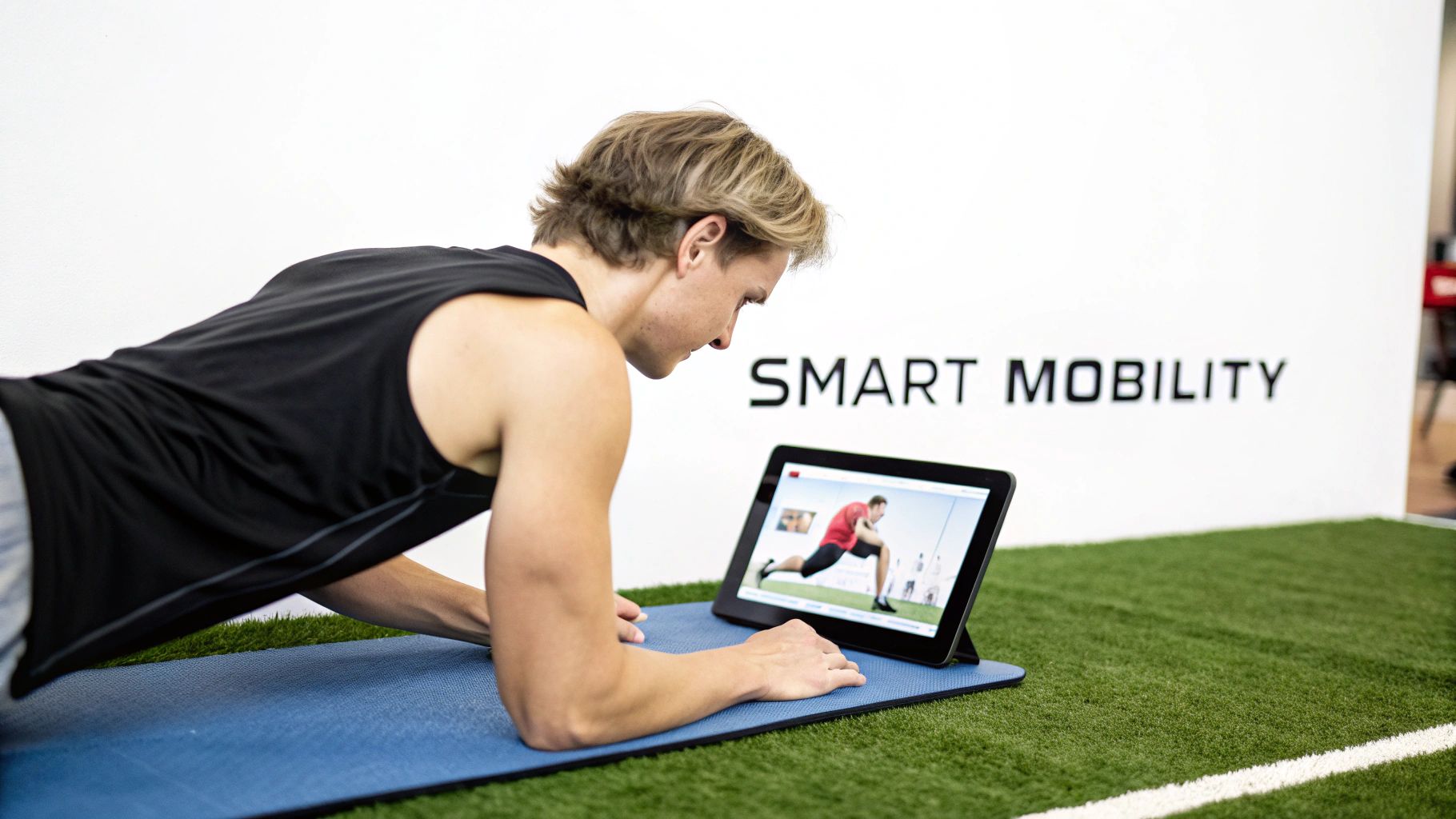 A man on a blue mat watches a fitness video on a tablet while doing floor exercises on artificial turf.