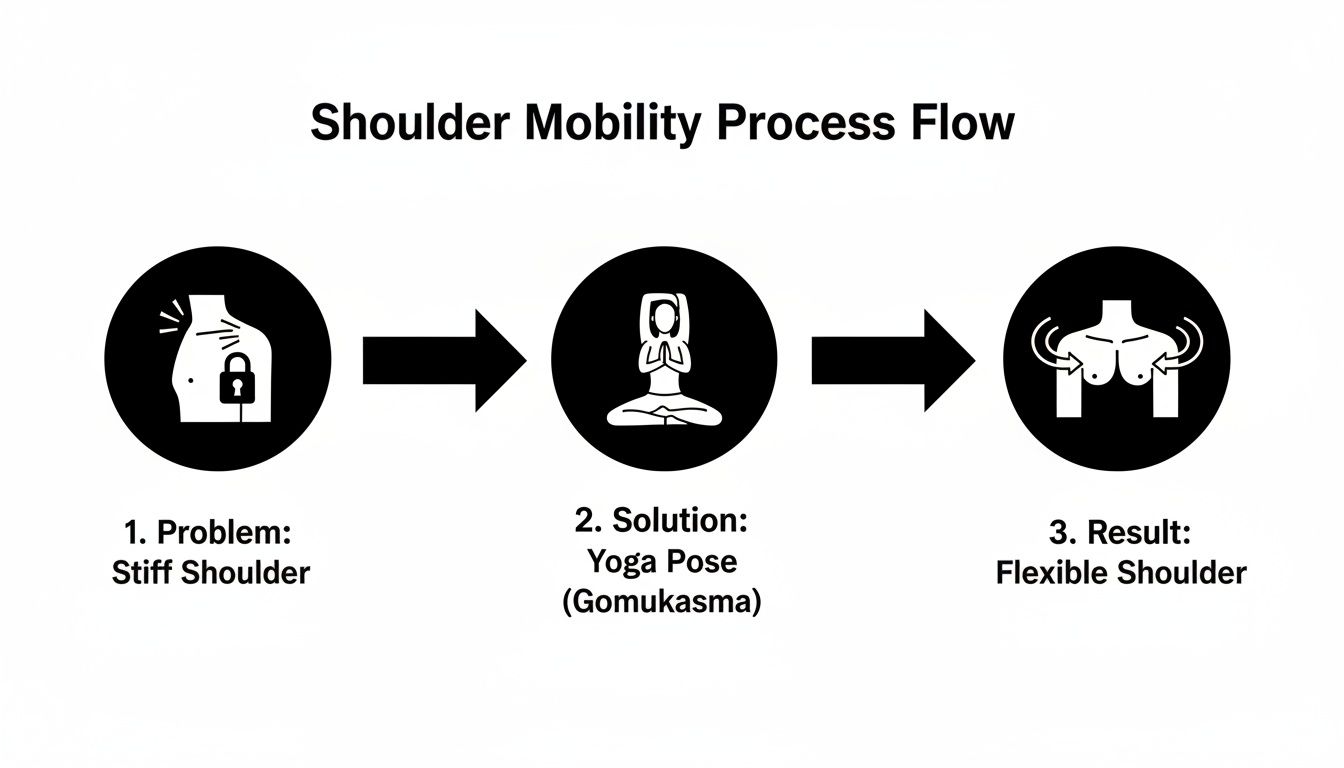 A three-step process flow illustrating how yoga can improve shoulder mobility, from stiffness to flexibility.