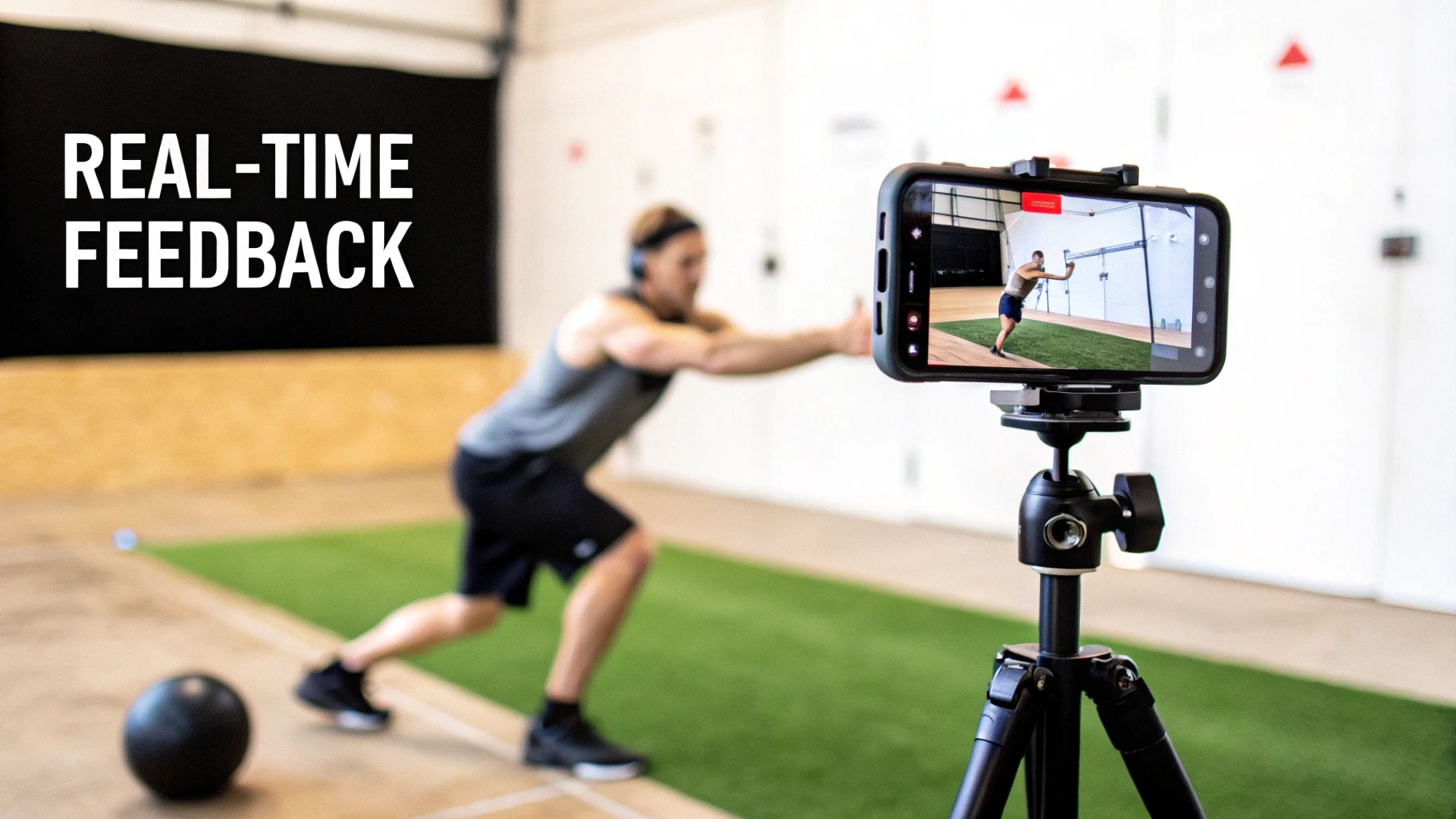 A man performs an exercise indoors while a smartphone on a tripod records him for real-time feedback.