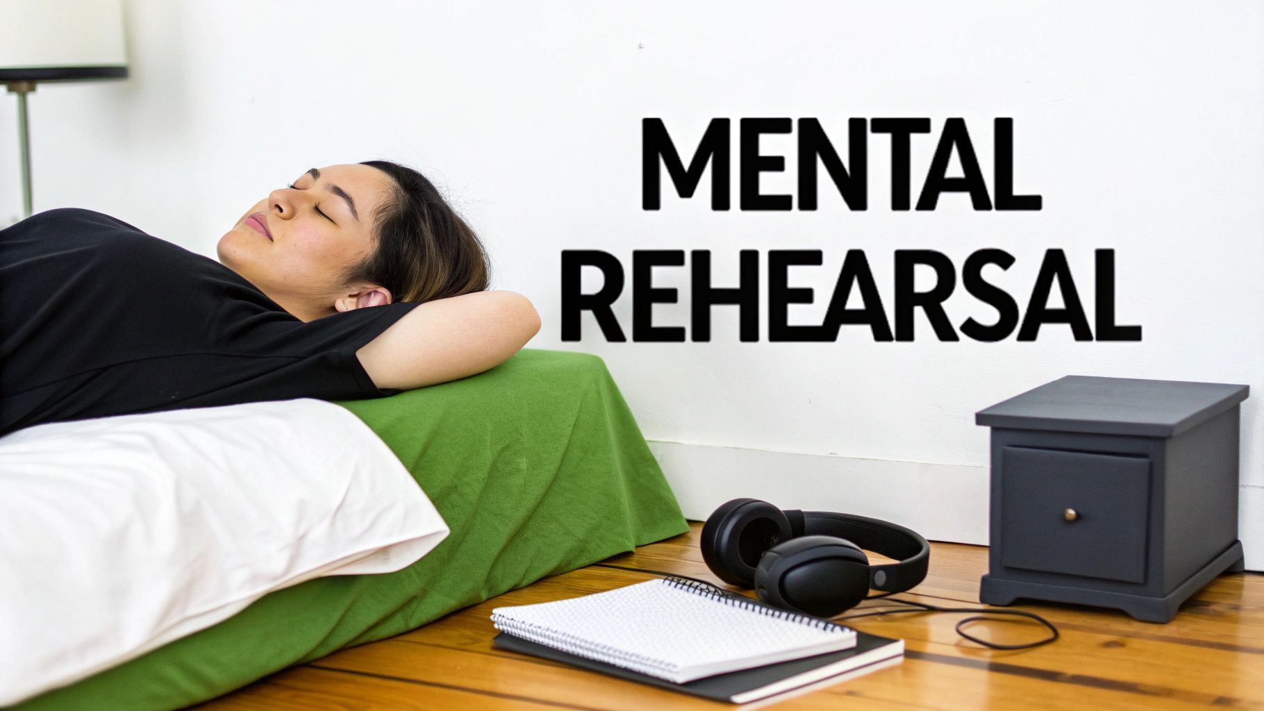 A person lies on a green surface with eyes closed, with "MENTAL REHEARSAL" on the wall, and headphones nearby.