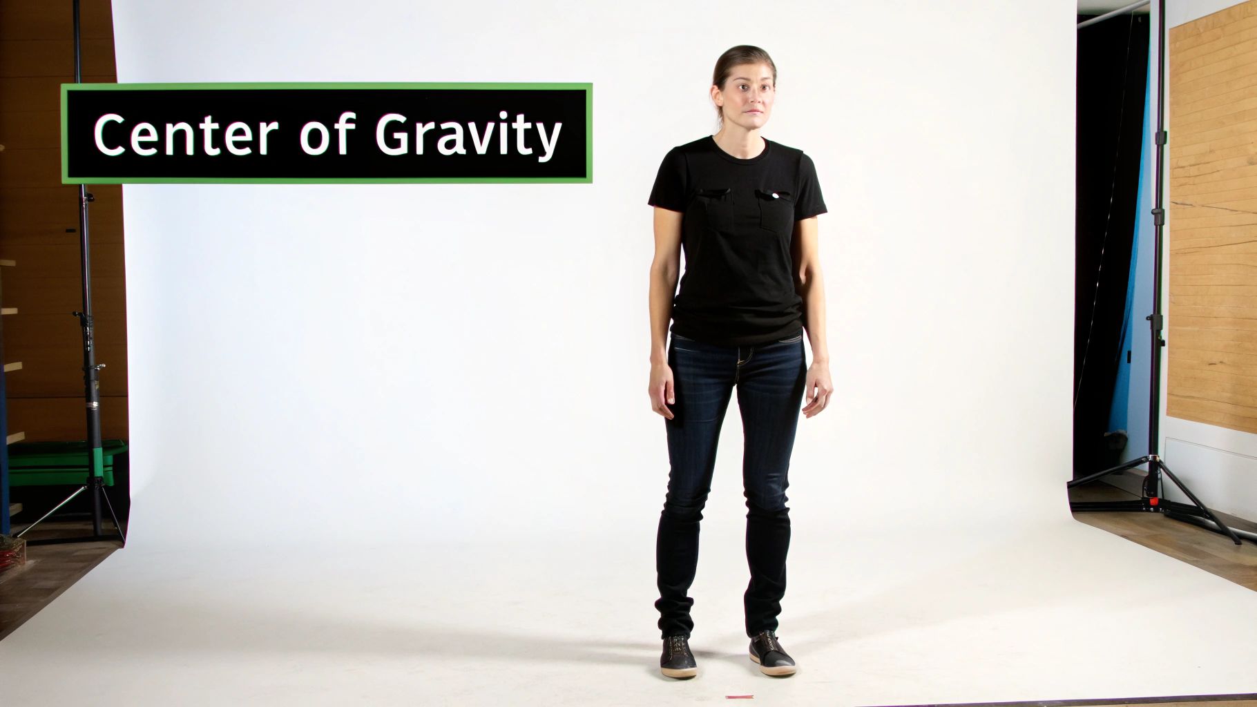 A woman stands upright in a white studio, with a 'Center of Gravity' sign in the upper left.