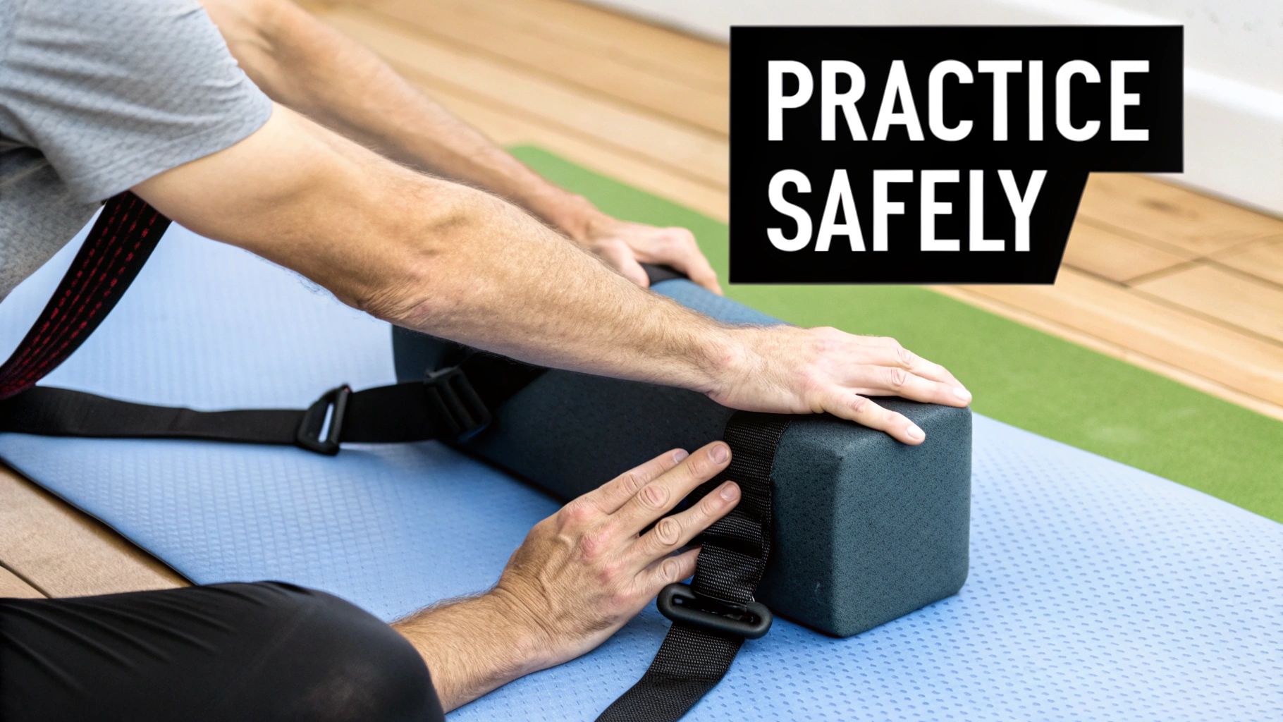 Person's hands on a dark grey yoga bolster with black straps on a blue mat, practicing safely.
