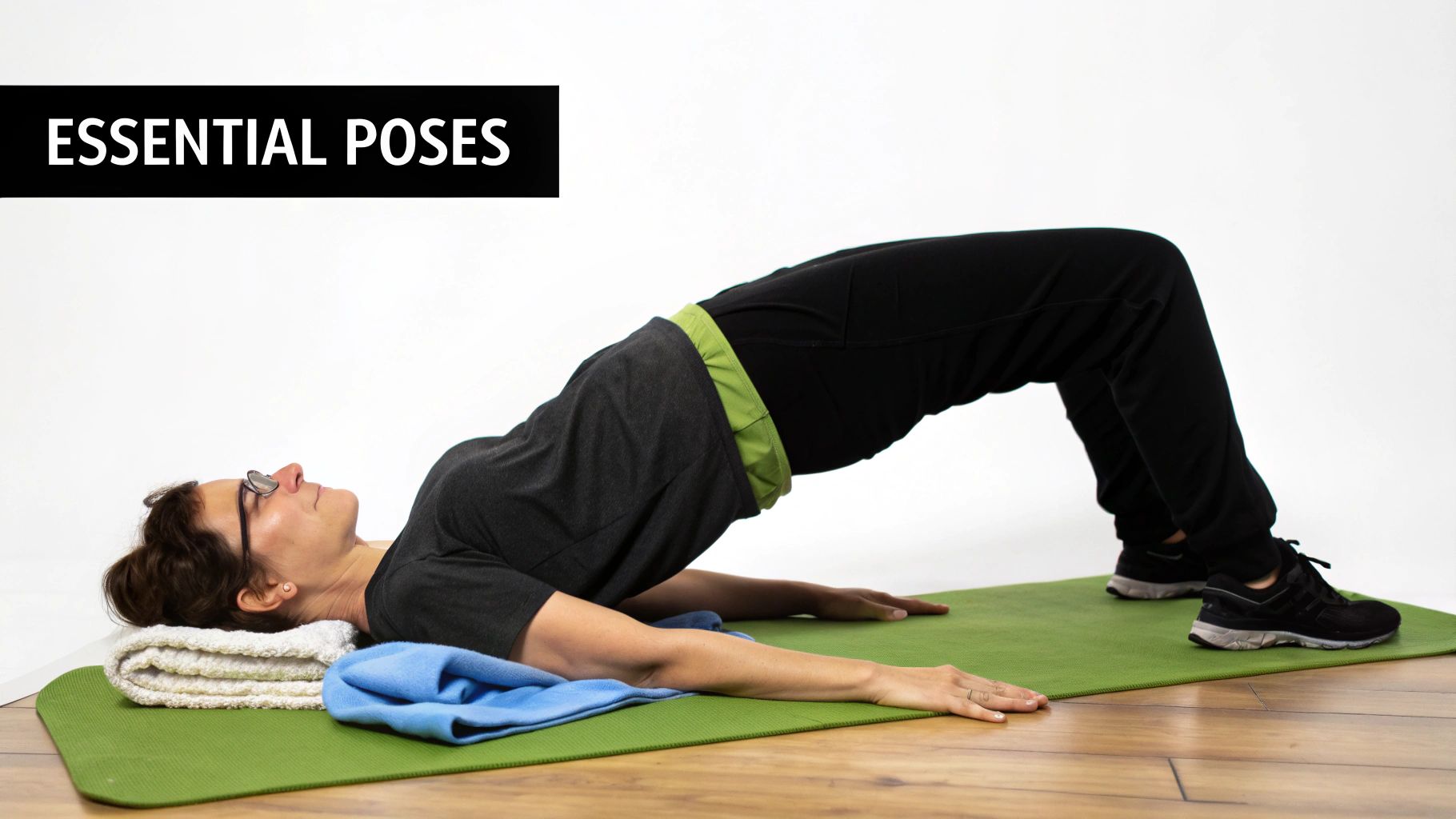 A woman performs a bridge pose on a green yoga mat, an essential pose for joint health.