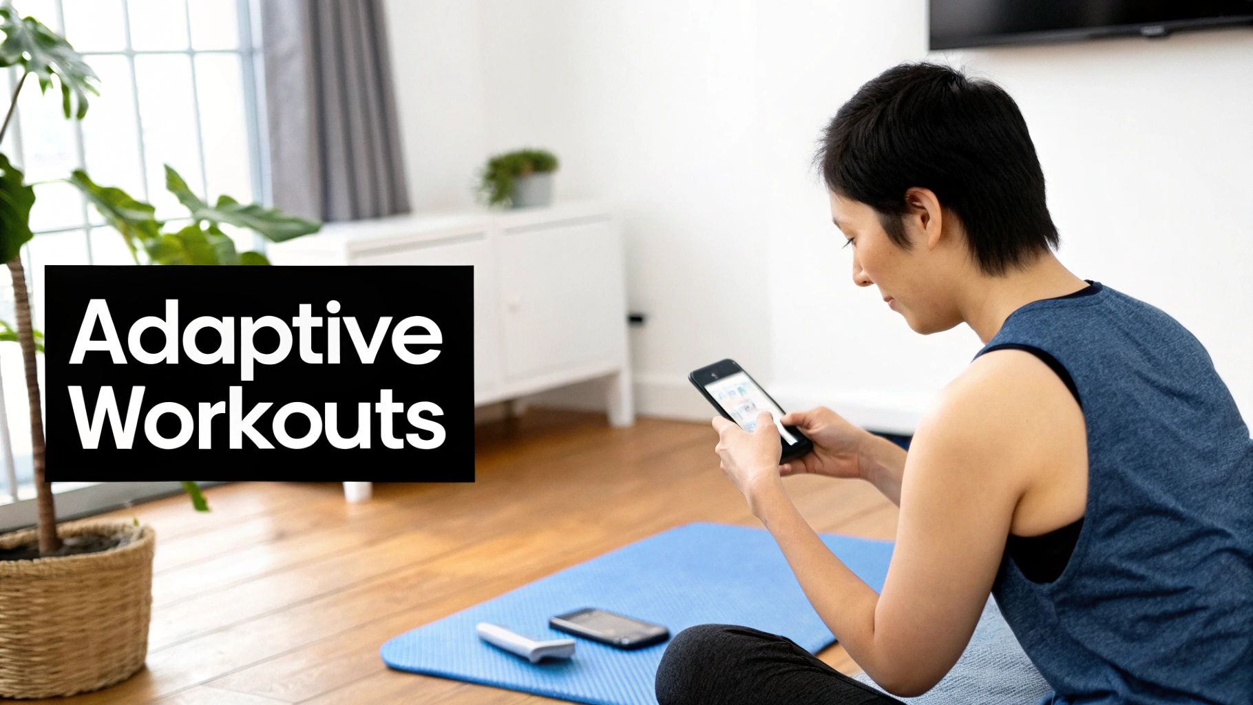 A woman sitting on a yoga mat, looking at her smartphone for adaptive workouts.
