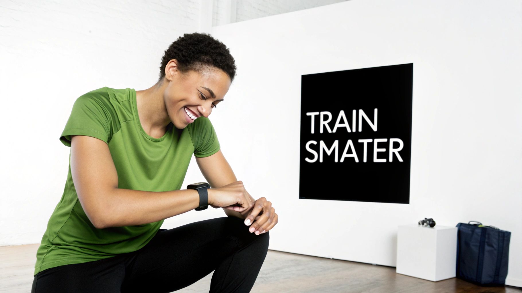 A smiling woman in green activewear checks her smartwatch during a workout in a bright gym.