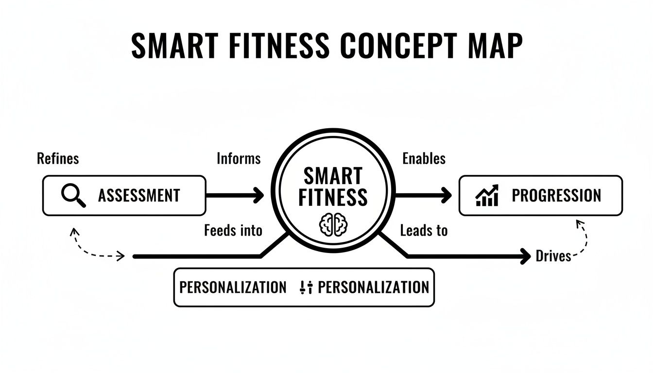 A SMART FITNESS concept map illustrating connections between Assessment, Personalization, and Progression.