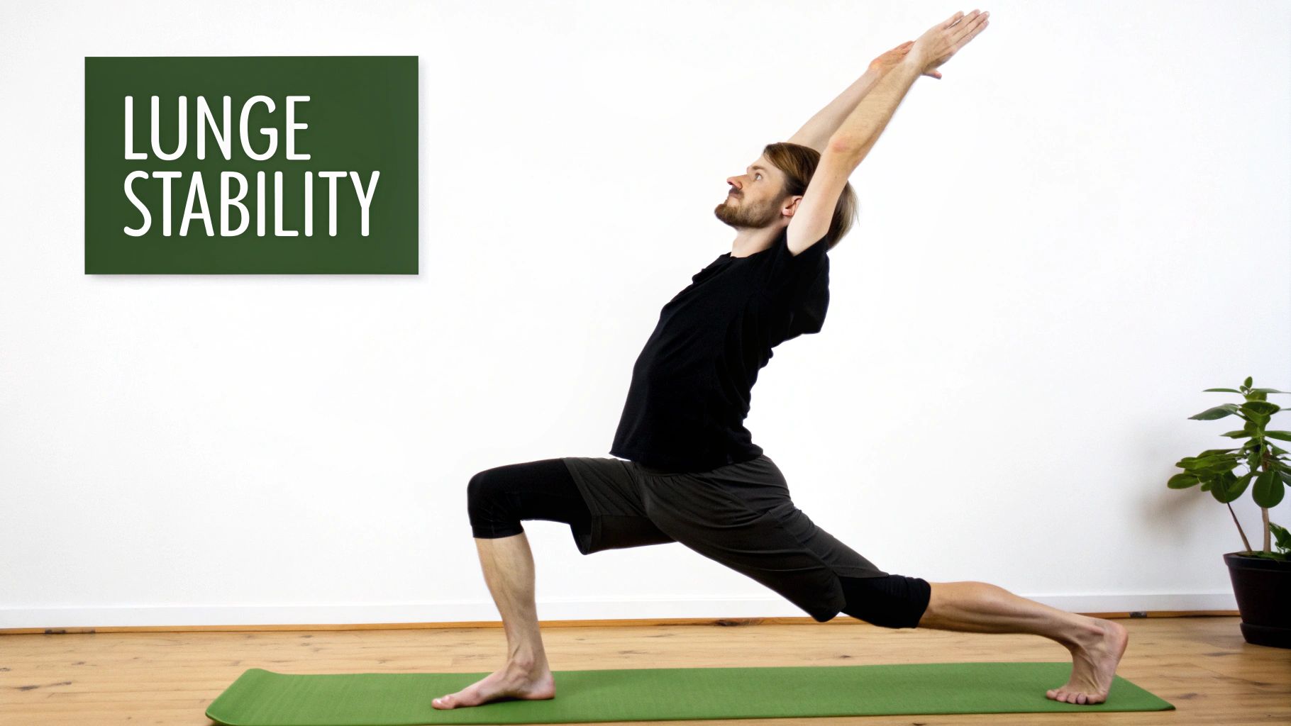 A man performs a high lunge yoga pose on a mat, arms reaching upwards for stability.