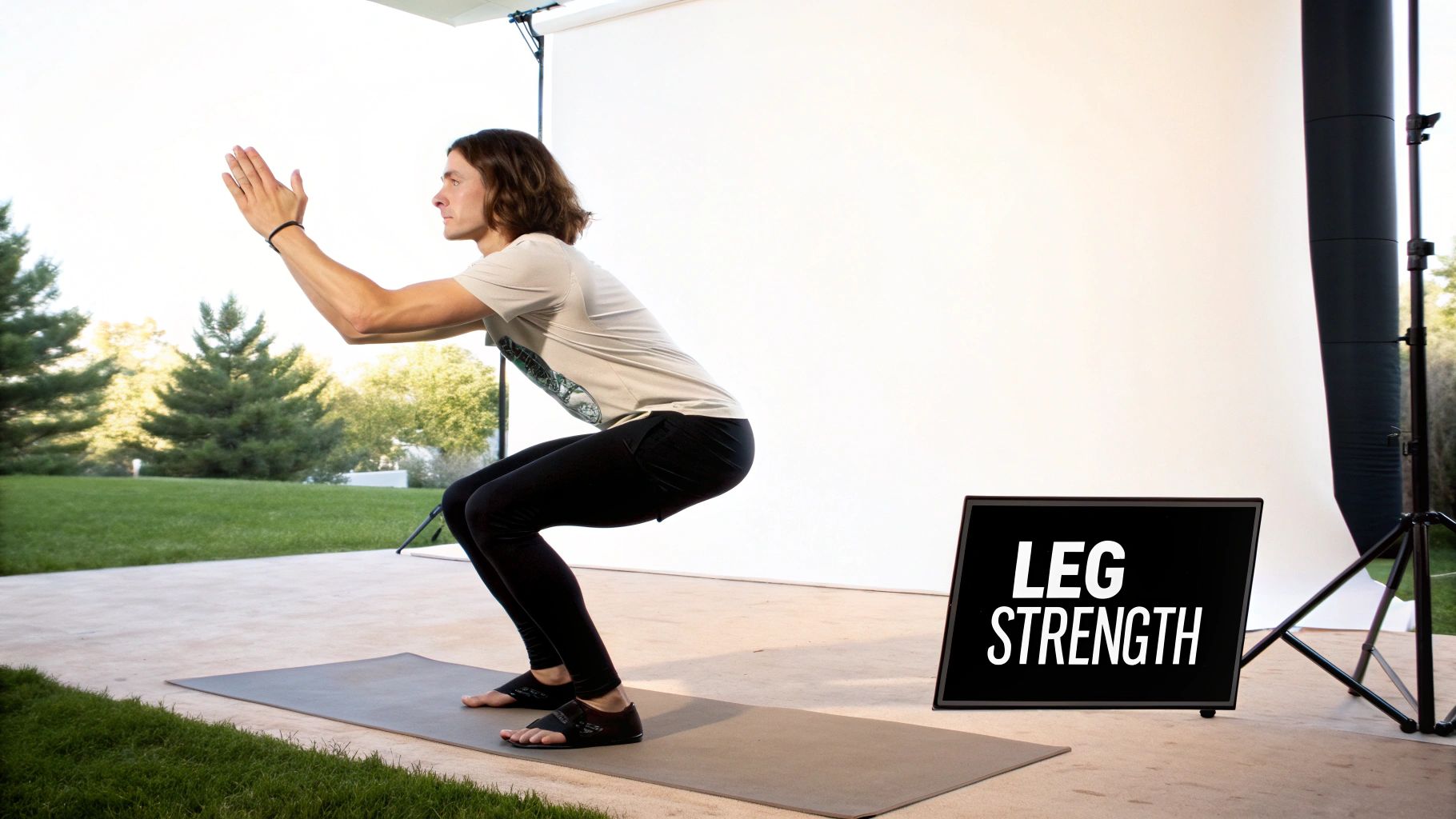 A person performs a squat on a yoga mat outdoors, demonstrating a pose for leg strength.