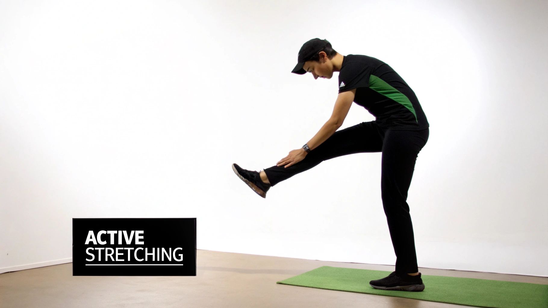 A person performs an active standing hamstring stretch, extending one leg forward and reaching for it.