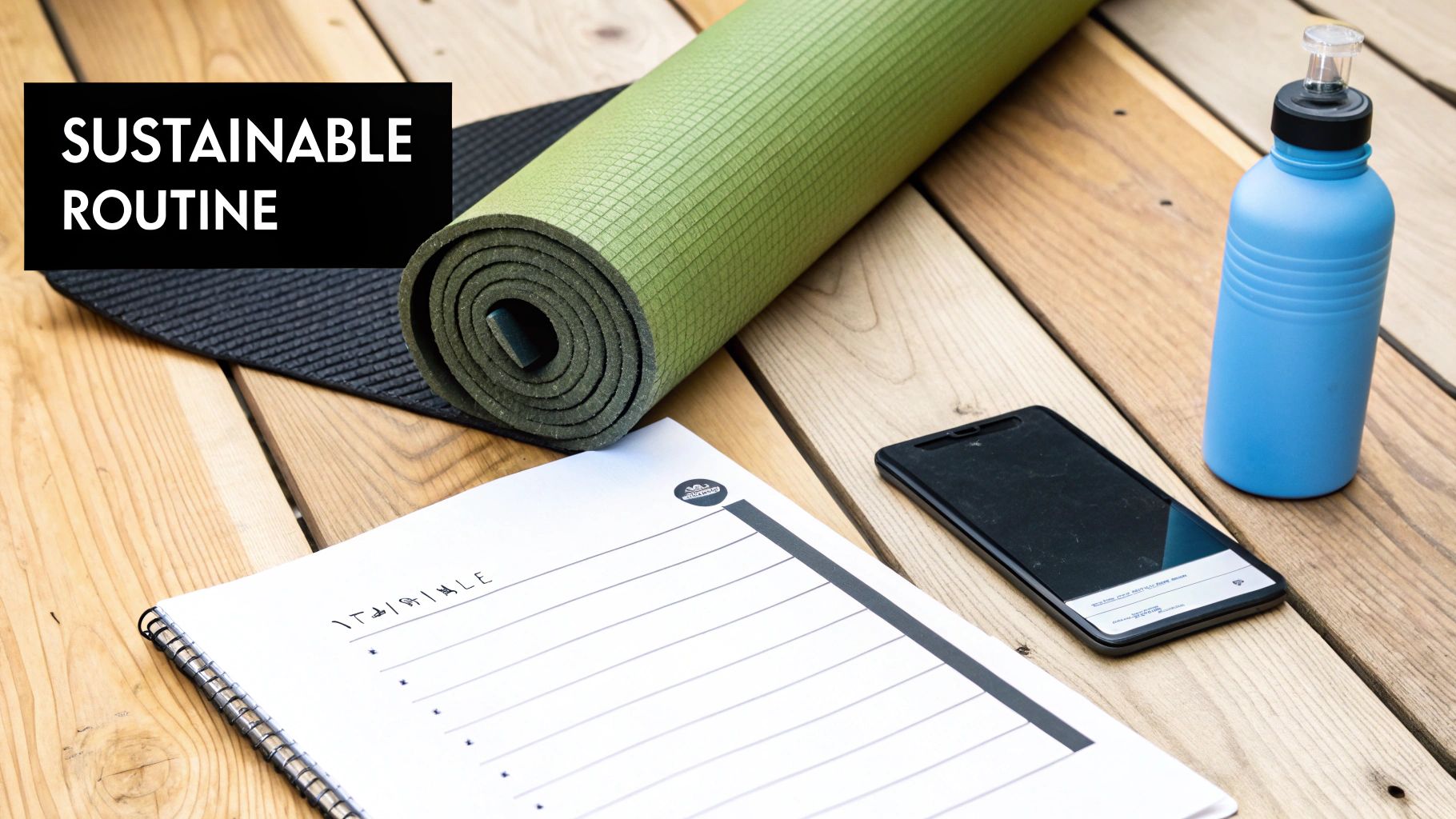 A green rolled yoga mat, blue water bottle, smartphone, and notebook on wooden floor for a sustainable routine.