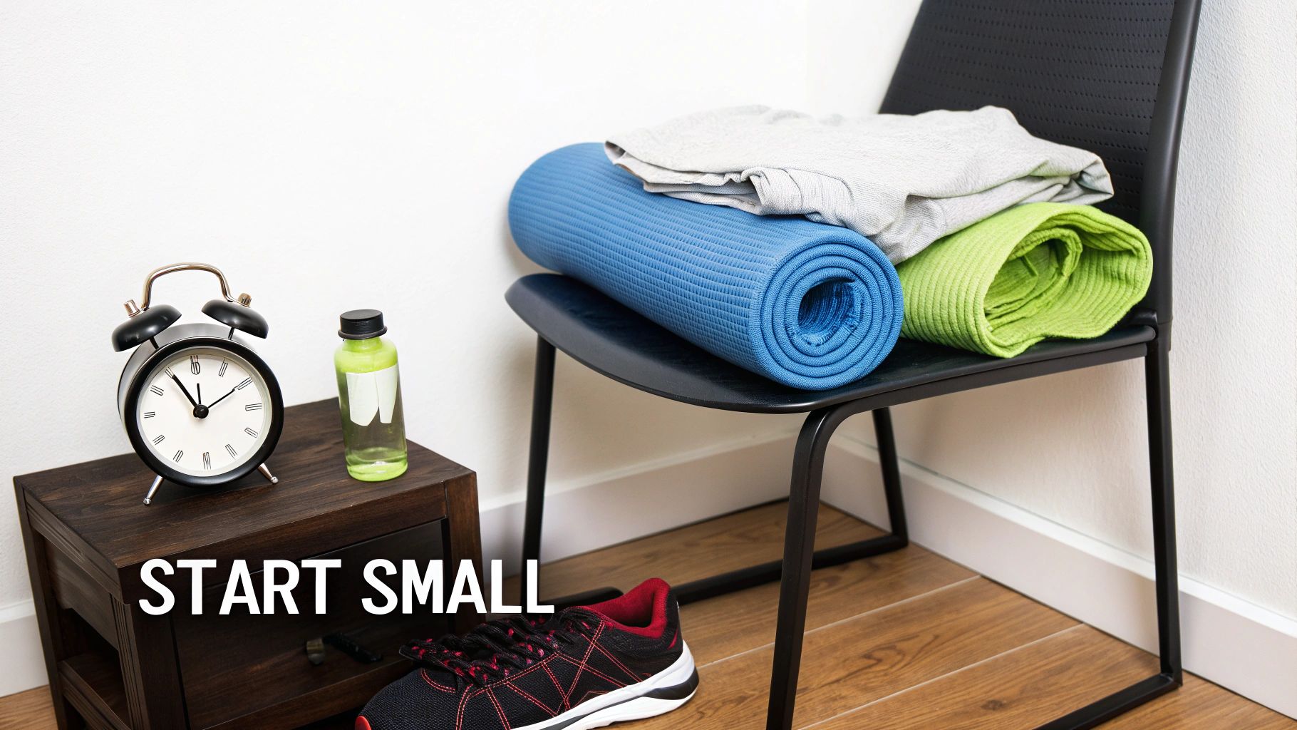An alarm clock, green drink bottle, blue yoga mat, workout clothes, and running shoes, depicting a morning workout setup.