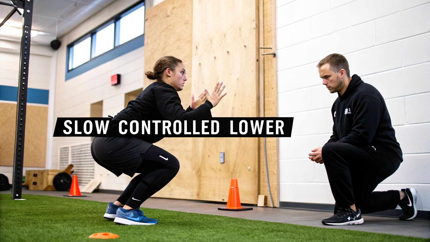 A woman performs a slow, controlled squat as a male coach observes her form on a gym turf.