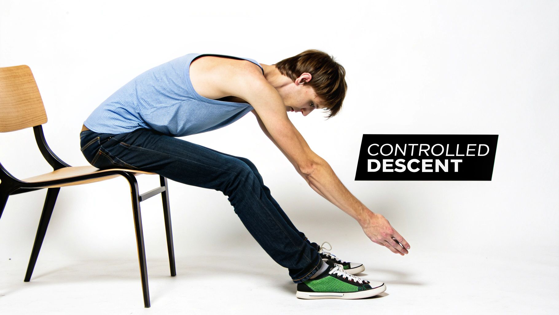 A man in a blue tank top performs a controlled descent from a chair, leaning forward.