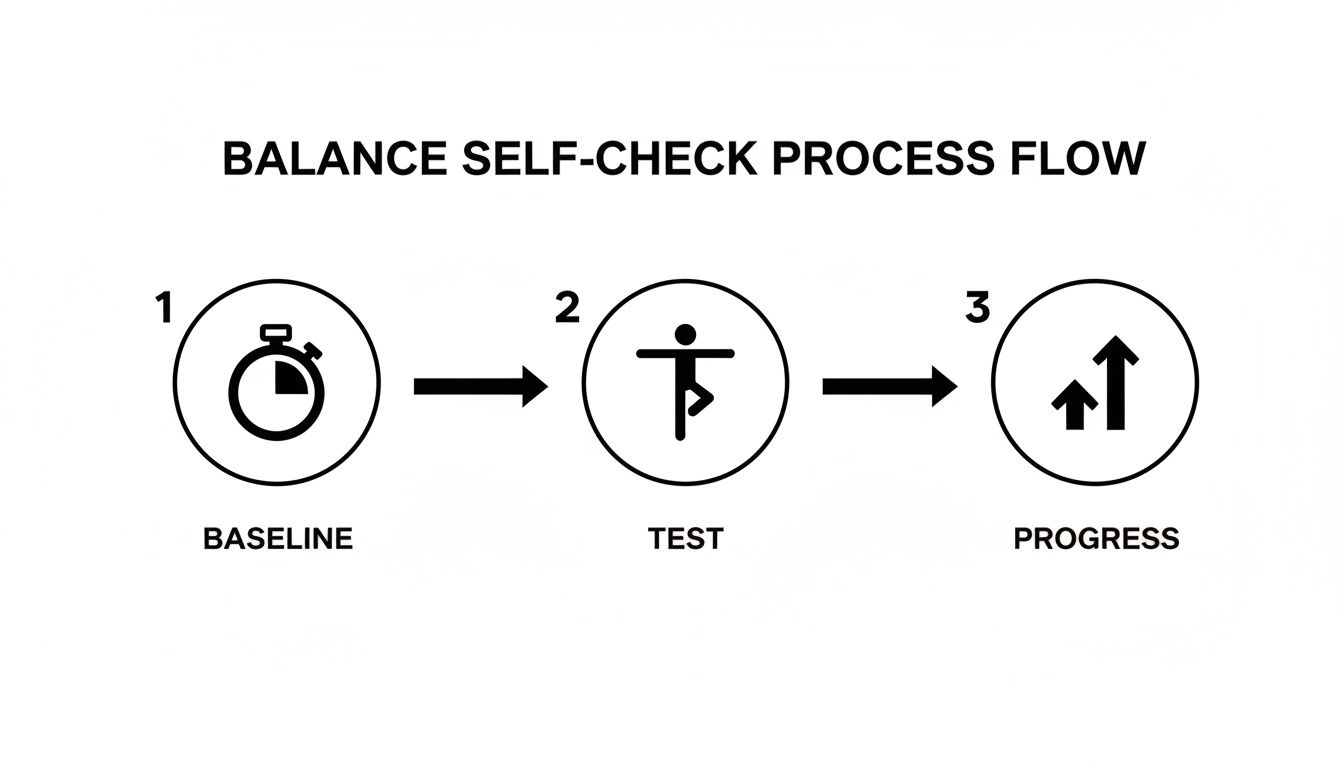 A diagram illustrating a balance self-check process flow with steps: Baseline (stopwatch), Test (person balancing), and Progress (upward arrows).