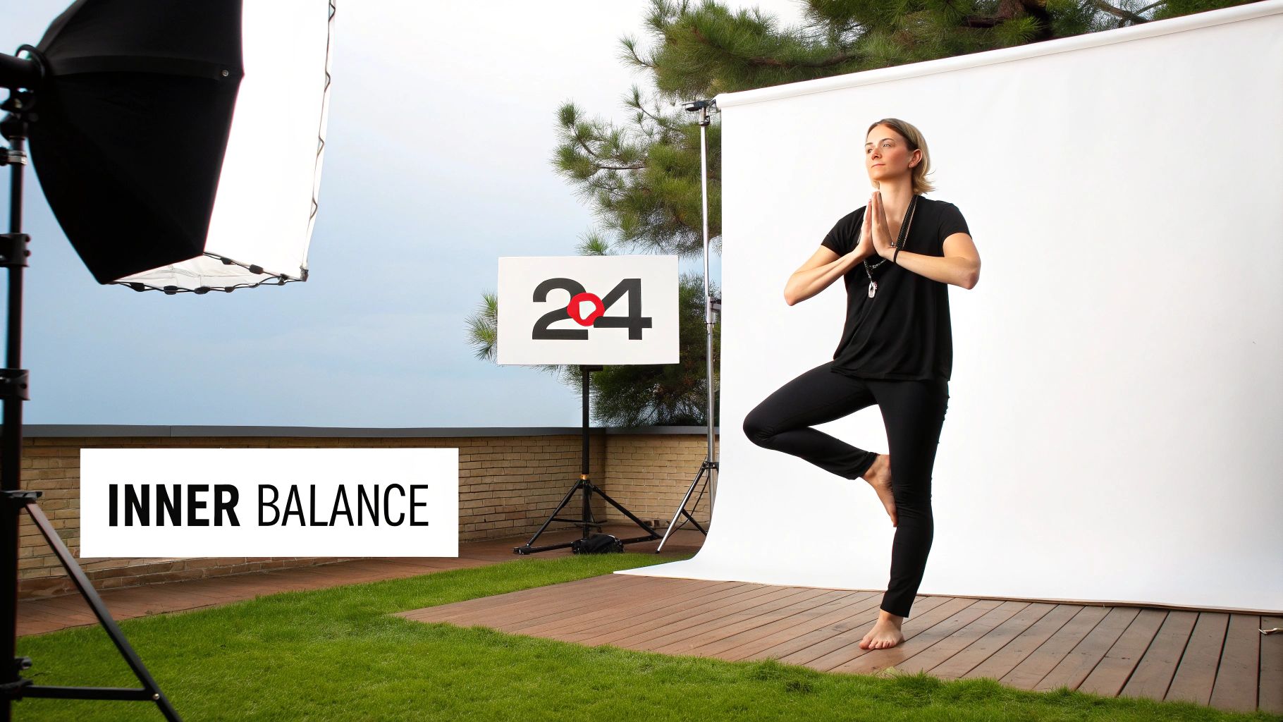 A woman in black activewear performs a tree yoga pose on a deck with an 'INNER BALANCE' sign.