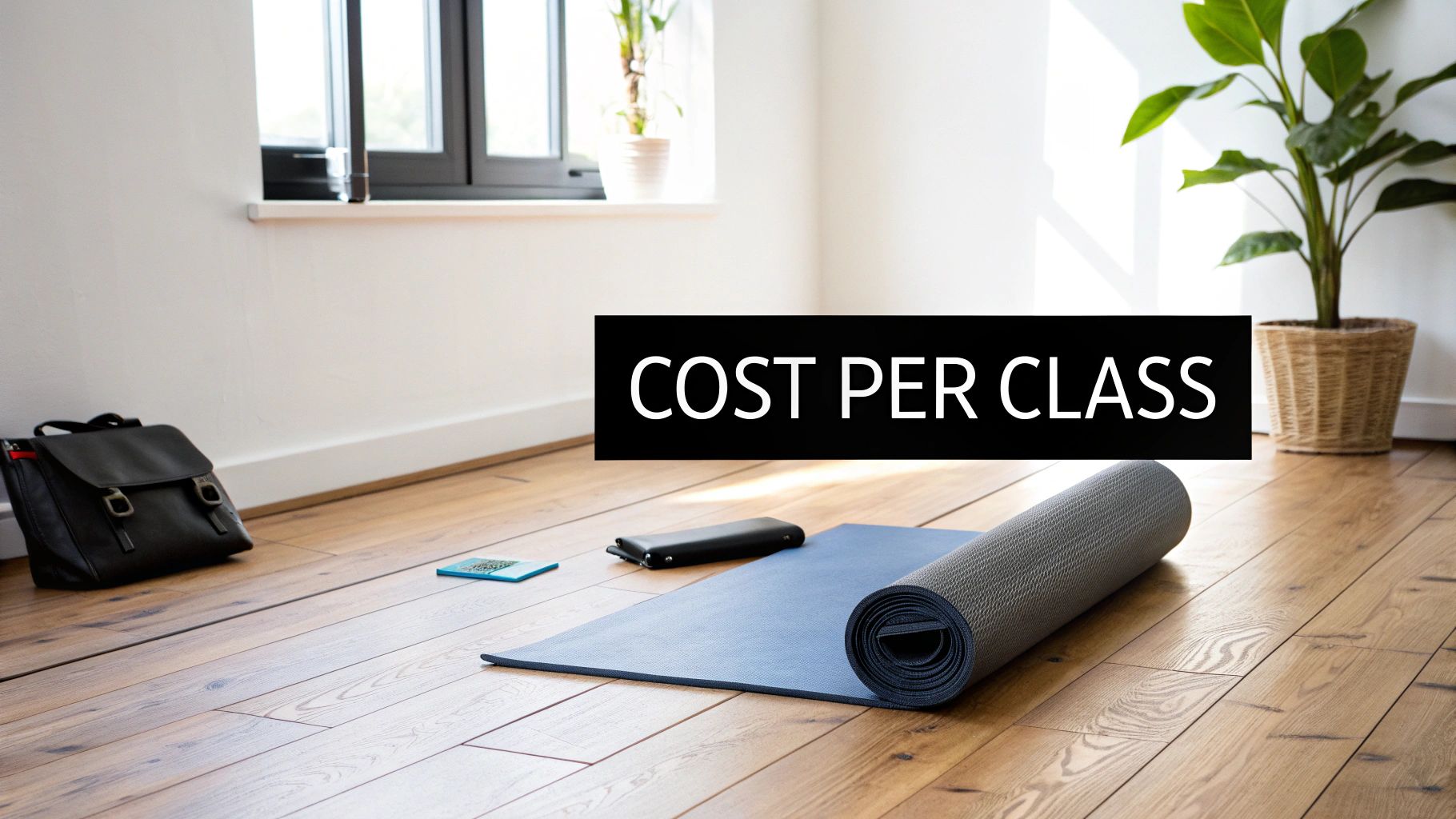 A rolled yoga mat, a black bag, and small items on a wooden floor, with 'COST PER CLASS' text.