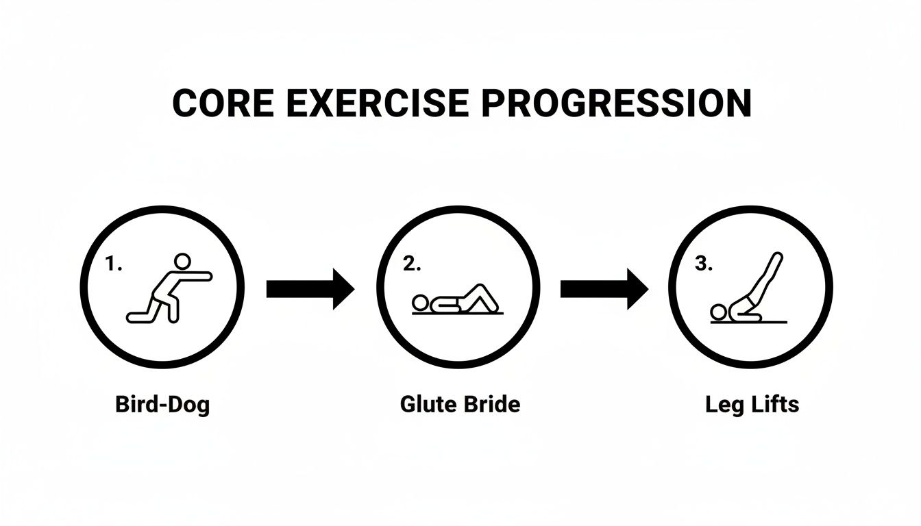 Core exercise progression showing Bird-Dog, Glute Bridge, and Leg Lifts with sequential arrows.
