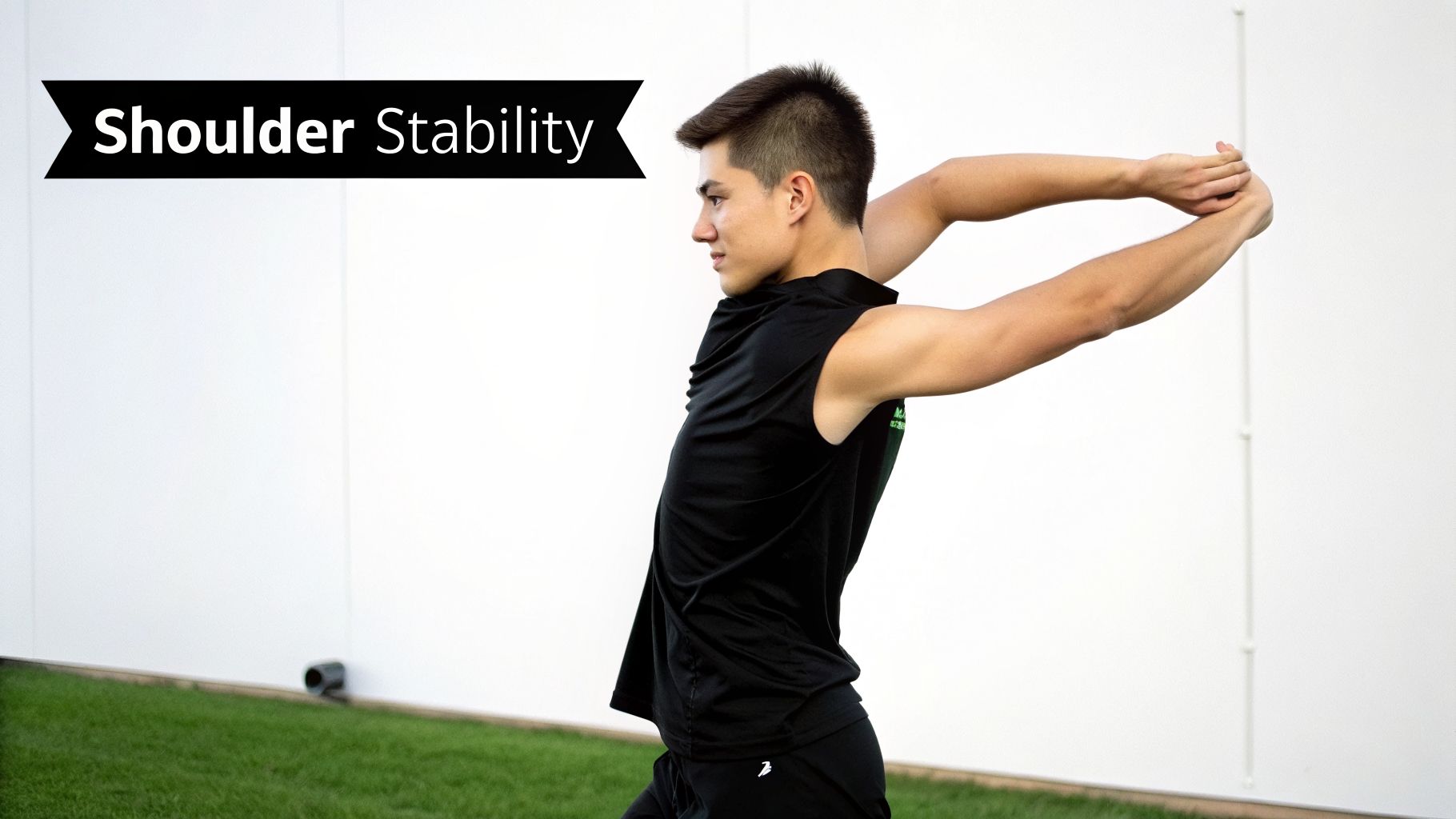 Young man performing a shoulder stretch for improved stability, hands clasped behind his head.