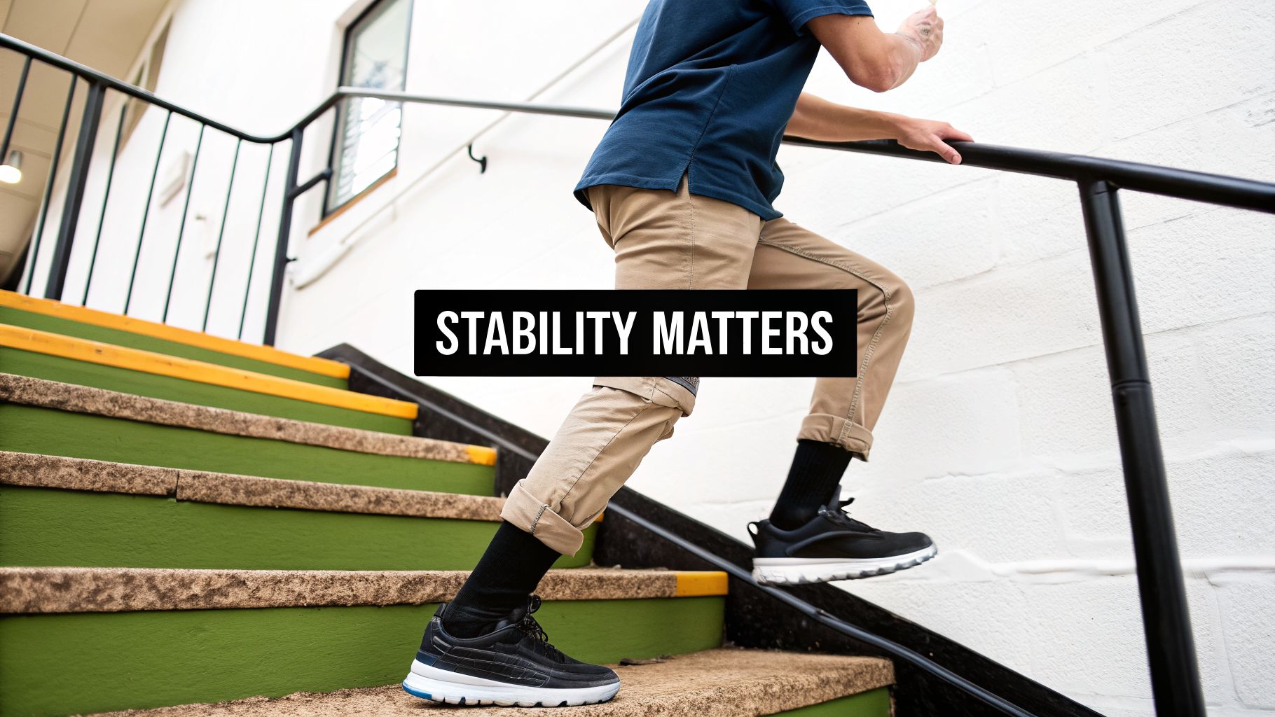 A person walks up green and yellow stairs, holding a black railing, with 'STABILITY MATTERS' text.
