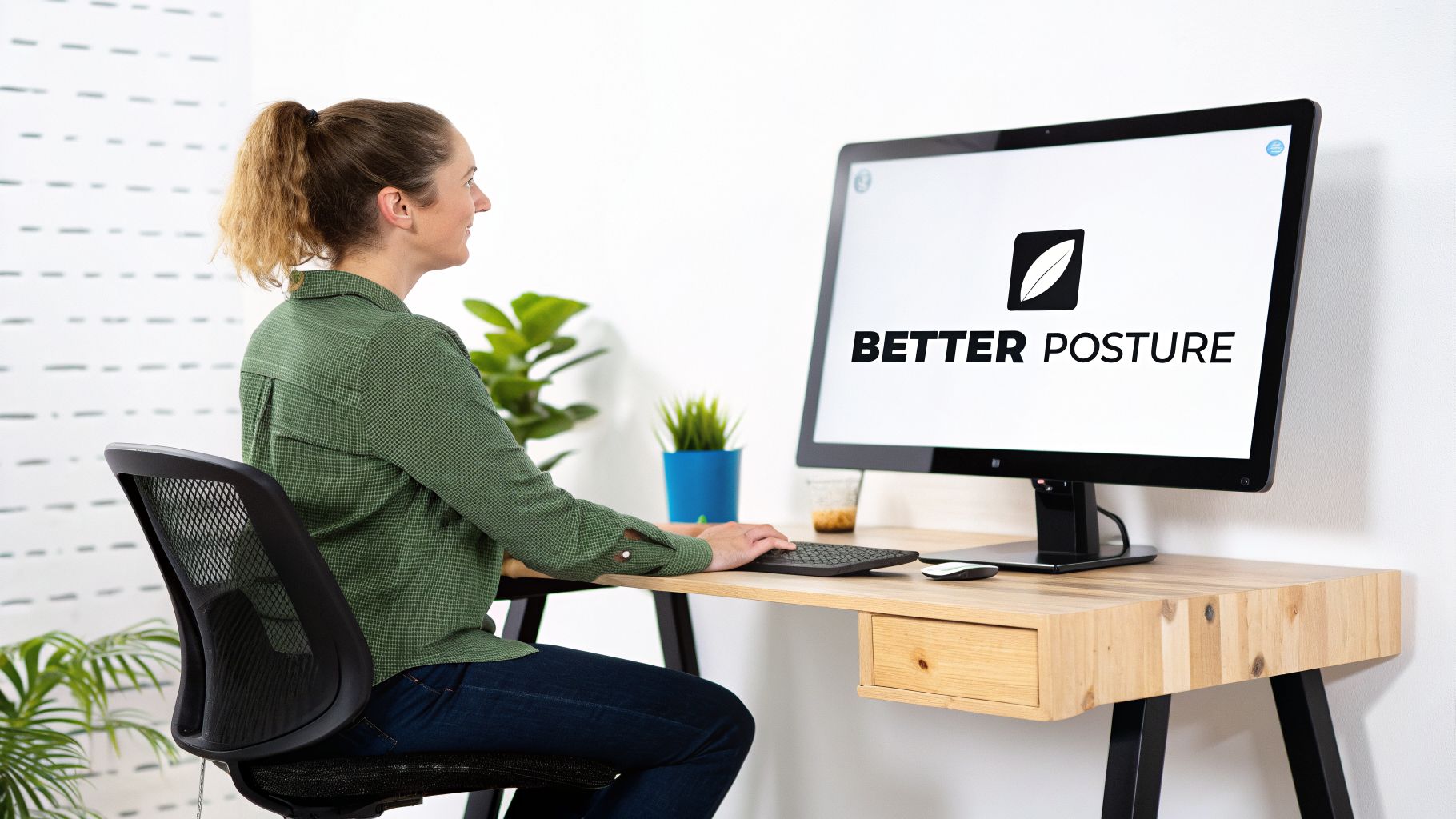 A woman with good posture sits at a desk, working on a computer.