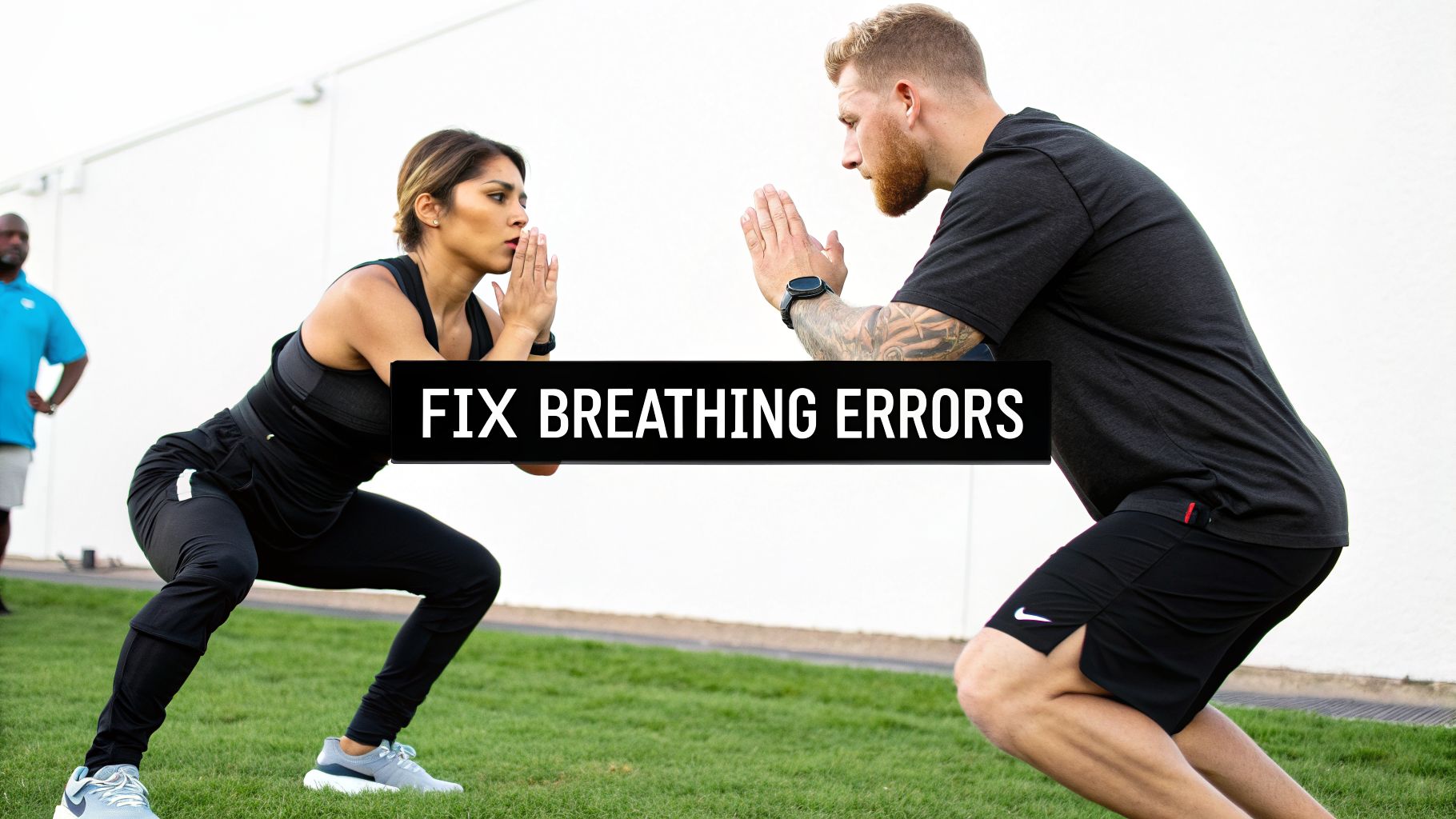 Two athletes demonstrate a squat exercise, focusing on proper breathing, guided by an instructor.
