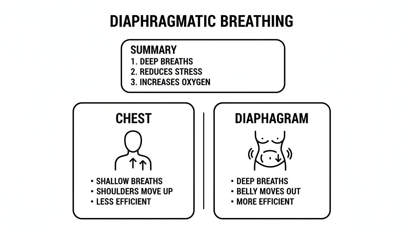 Infographic explaining diaphragmatic breathing benefits, comparing it with less efficient chest breathing, with icons.
