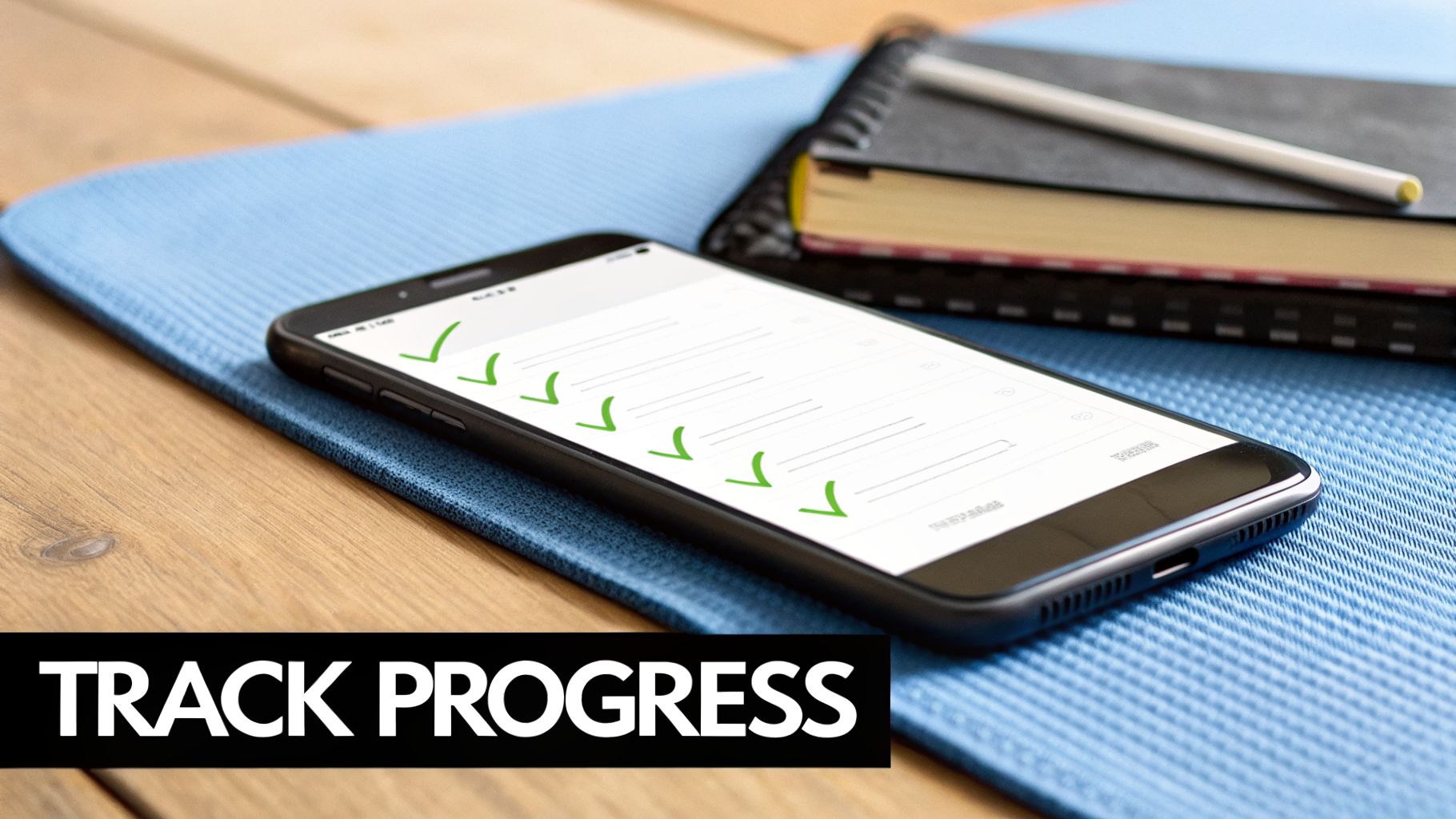A smartphone showing a completed checklist with green checkmarks, resting on a blue yoga mat next to a notebook.