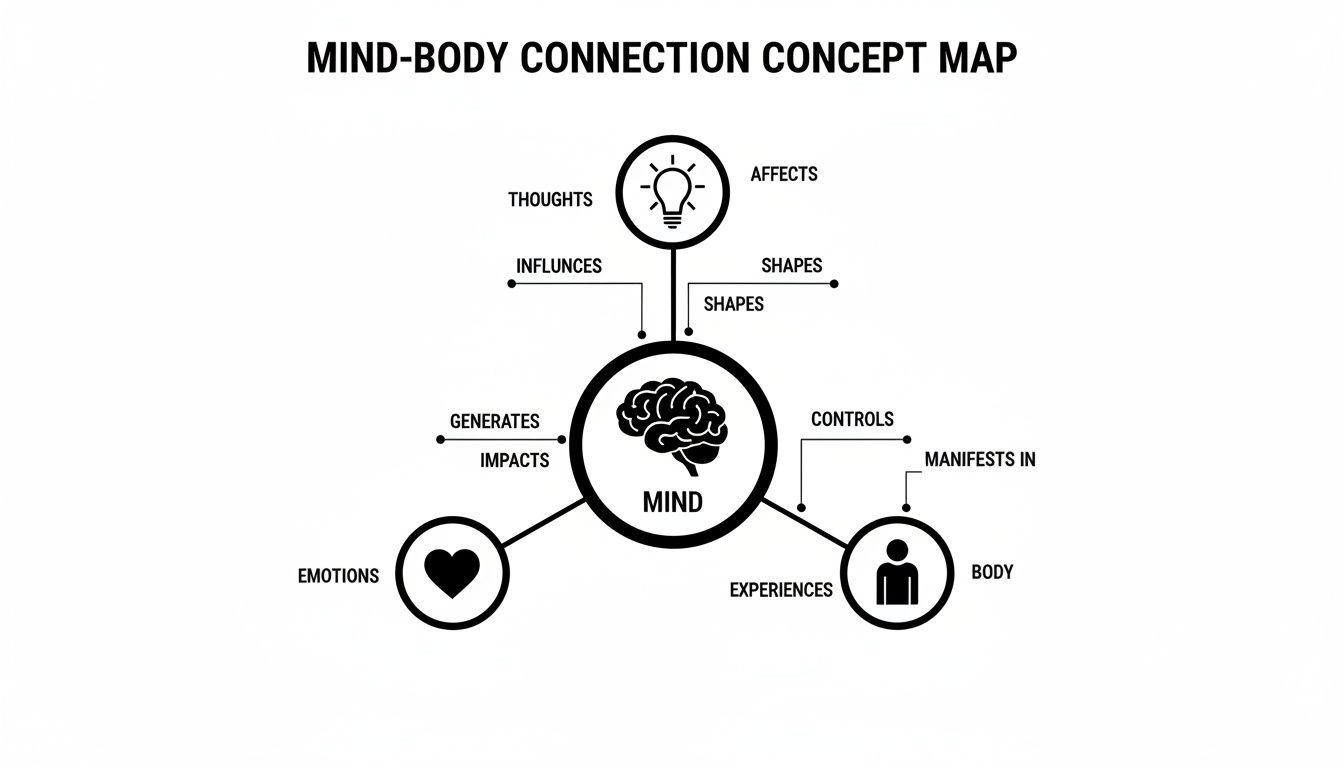 A mind-body connection concept map diagram with "Mind" at the center, linked to thoughts, emotions, and body.