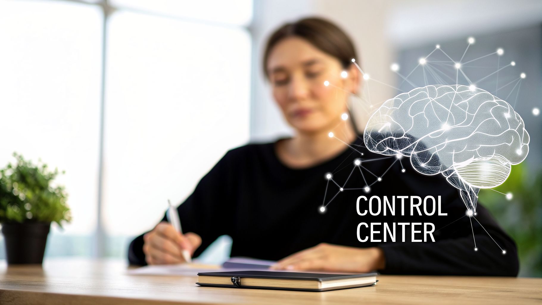 Woman writing at a desk with an overlaid digital brain and neural network illustrating a control center.