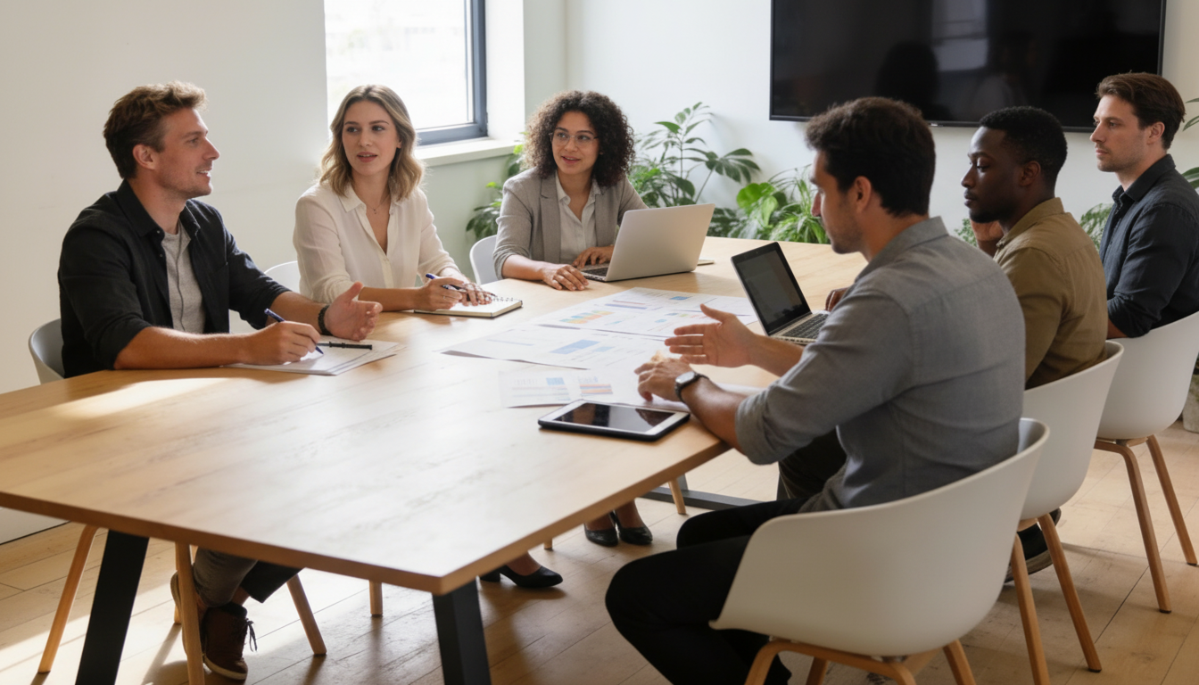 image of a reflective data visualization meeting