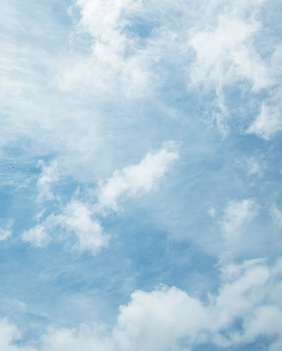 Blue sky with scattered white clouds and three small birds flying on the left side.
