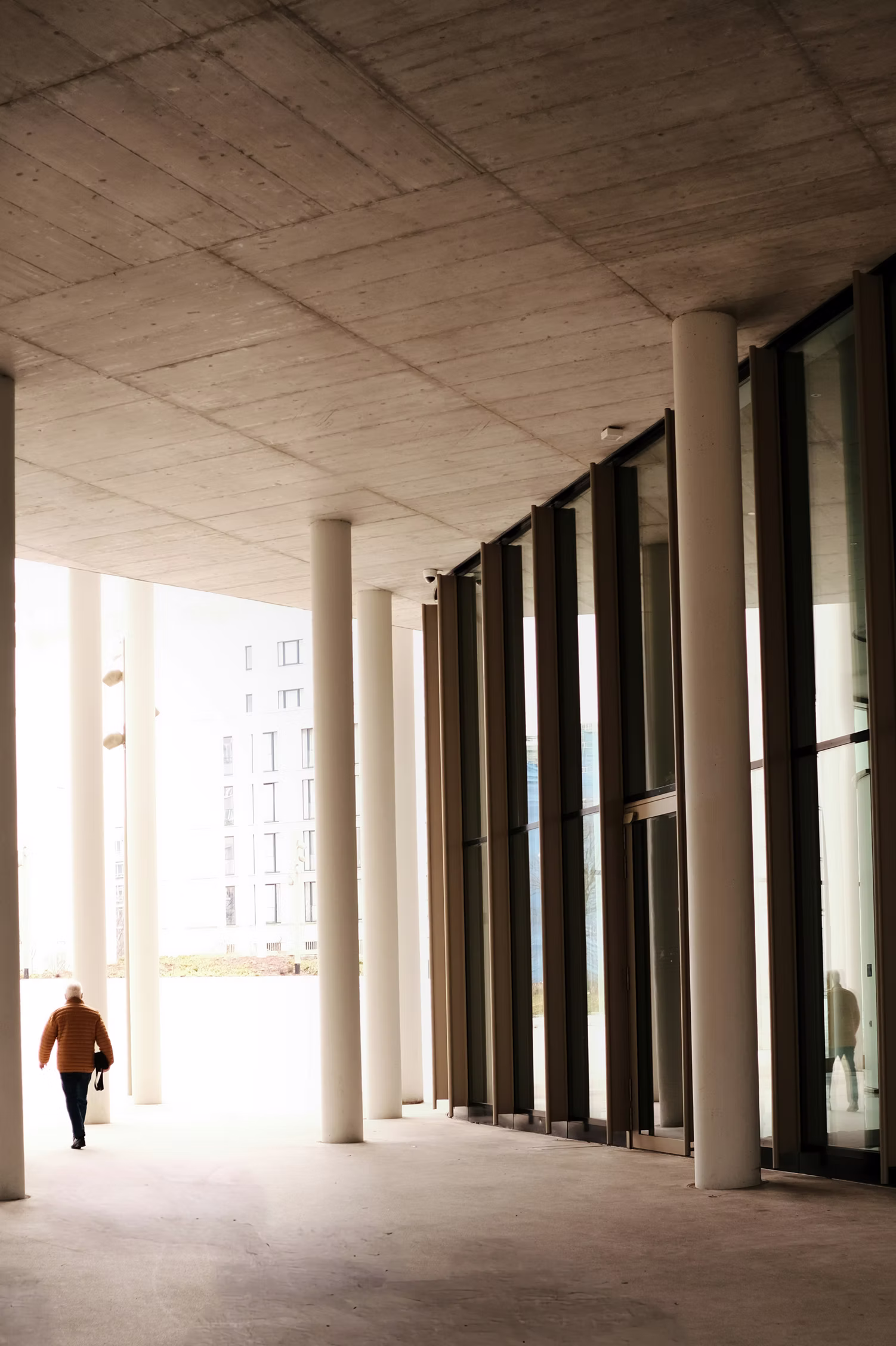 Person in a brown jacket walking through a modern building corridor with tall white columns and large glass windows.
