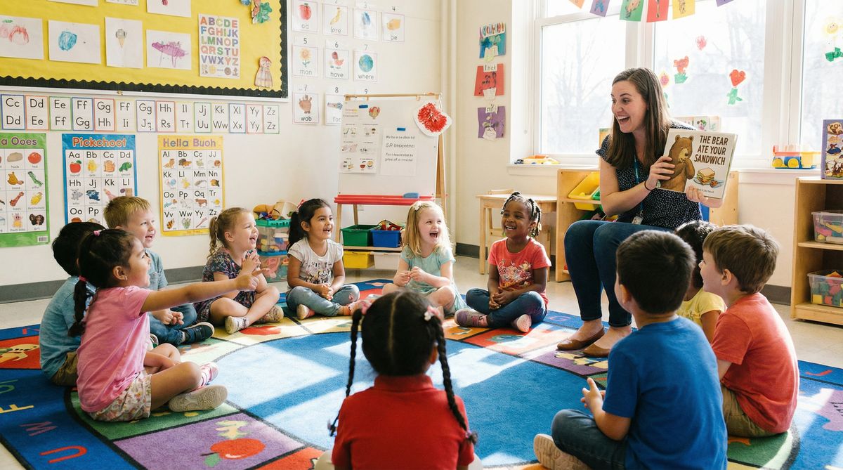 Children sitting in a circle during group time at an NYC preschool classroom