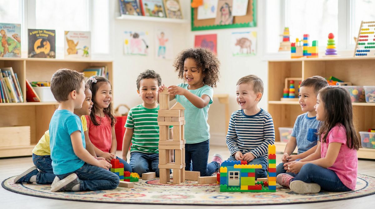 Preschool children building with colorful blocks during a Creative Curriculum activity