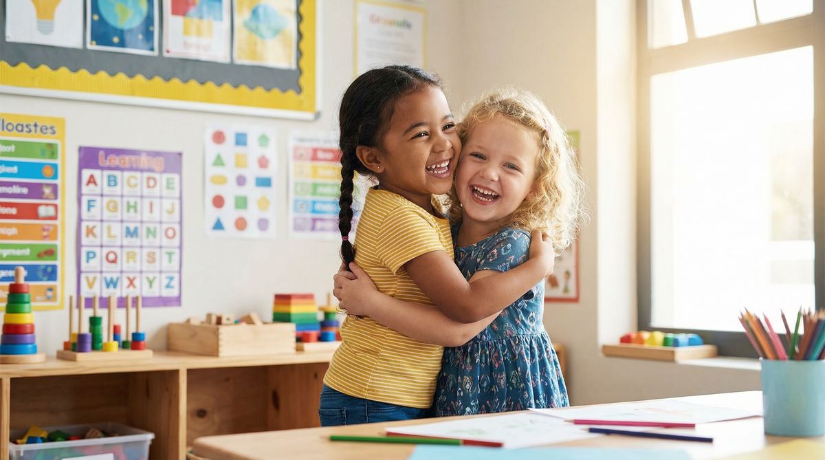 Young children hugging and playing together at a daycare center