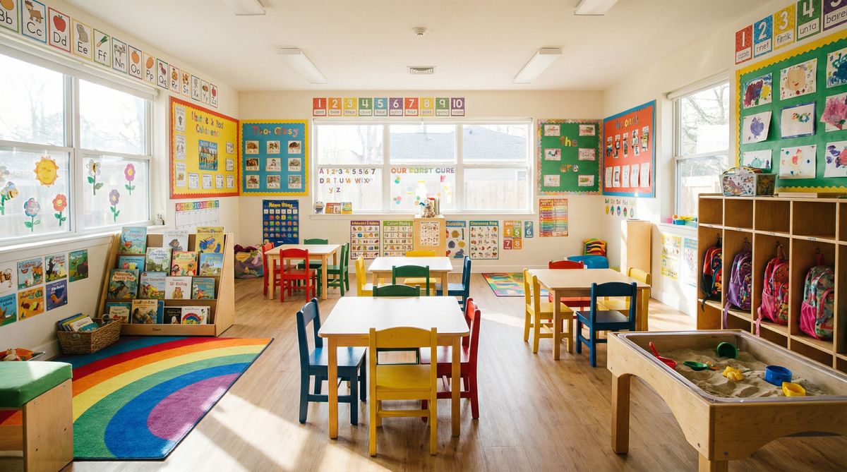 Well-organized, clean preschool classroom with colorful learning areas and proper facilities