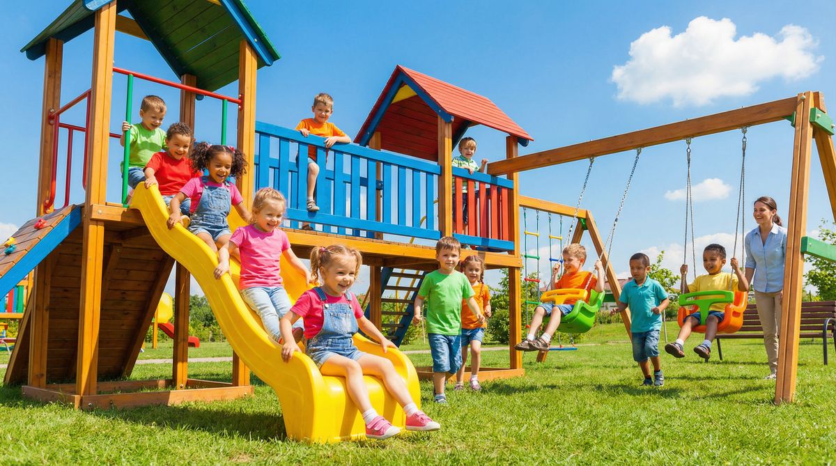 Children playing outdoors on a sunny day at summer daycare