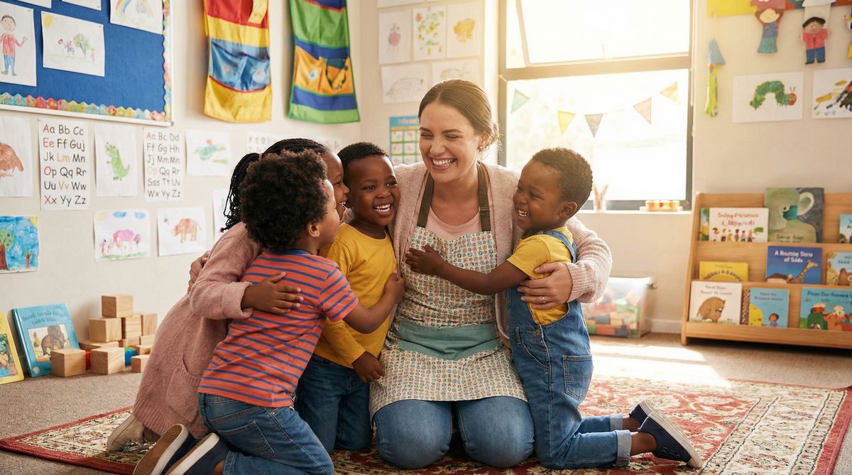 Teacher hugging children in classroom during transition