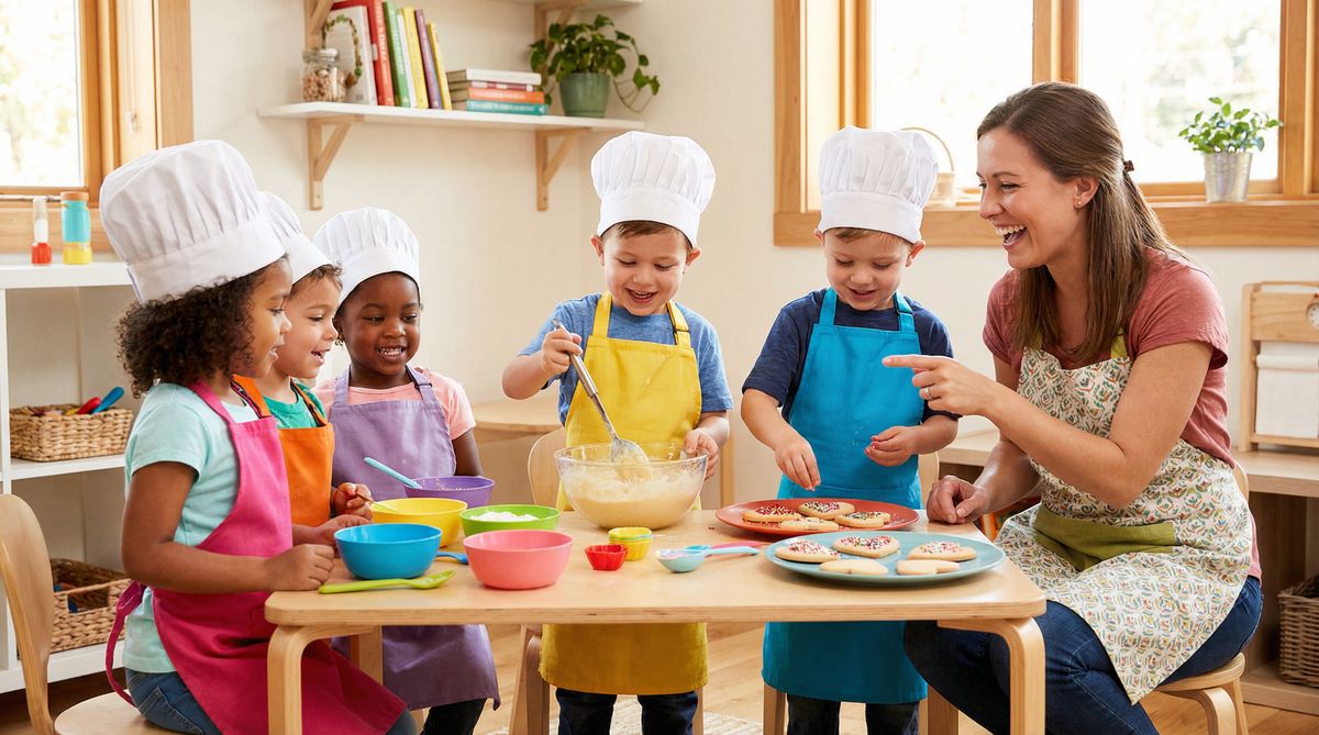 Children gathered around a preschool snack table with a teacher modeling calm mealtime routines