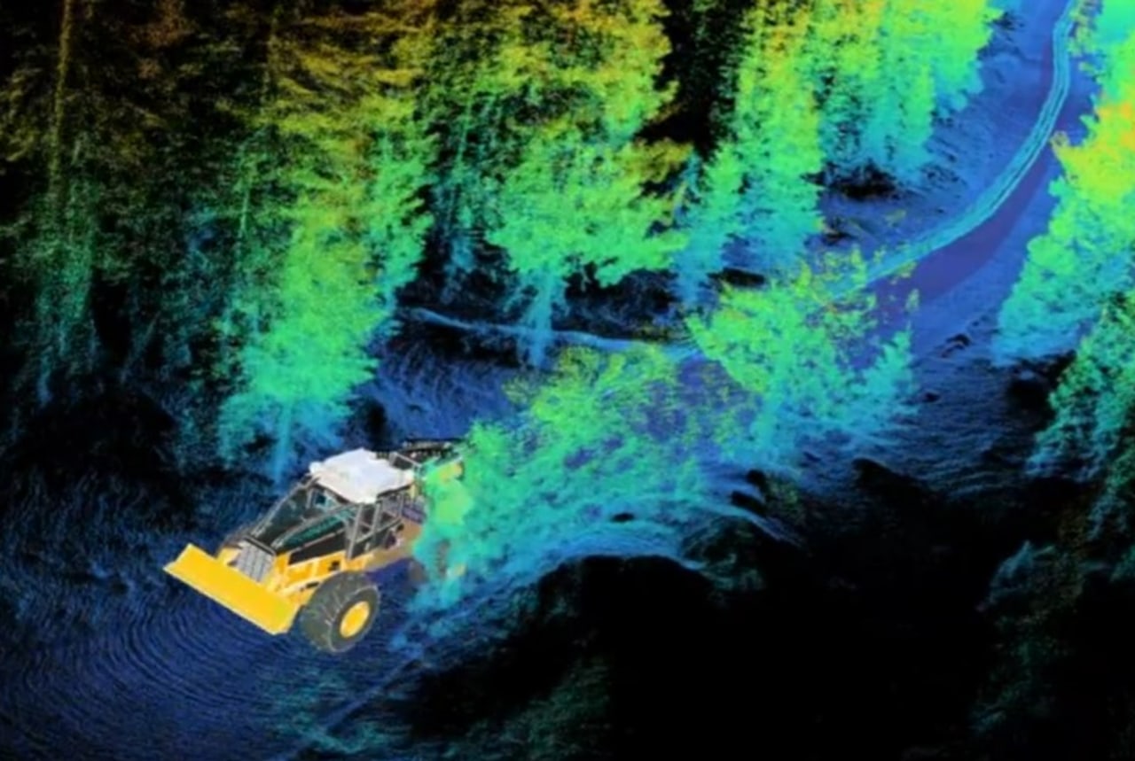 Forestry machine in a colorful lidar-scanned forest.